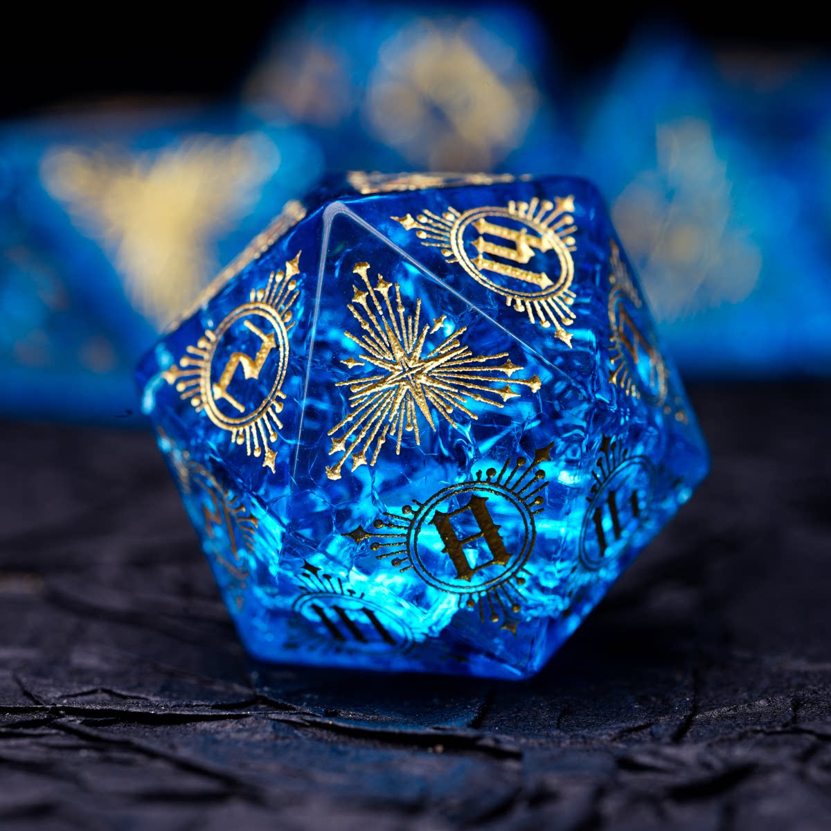 Royal Blue Star-Chart Rune Crackle Glass DND Dice Set