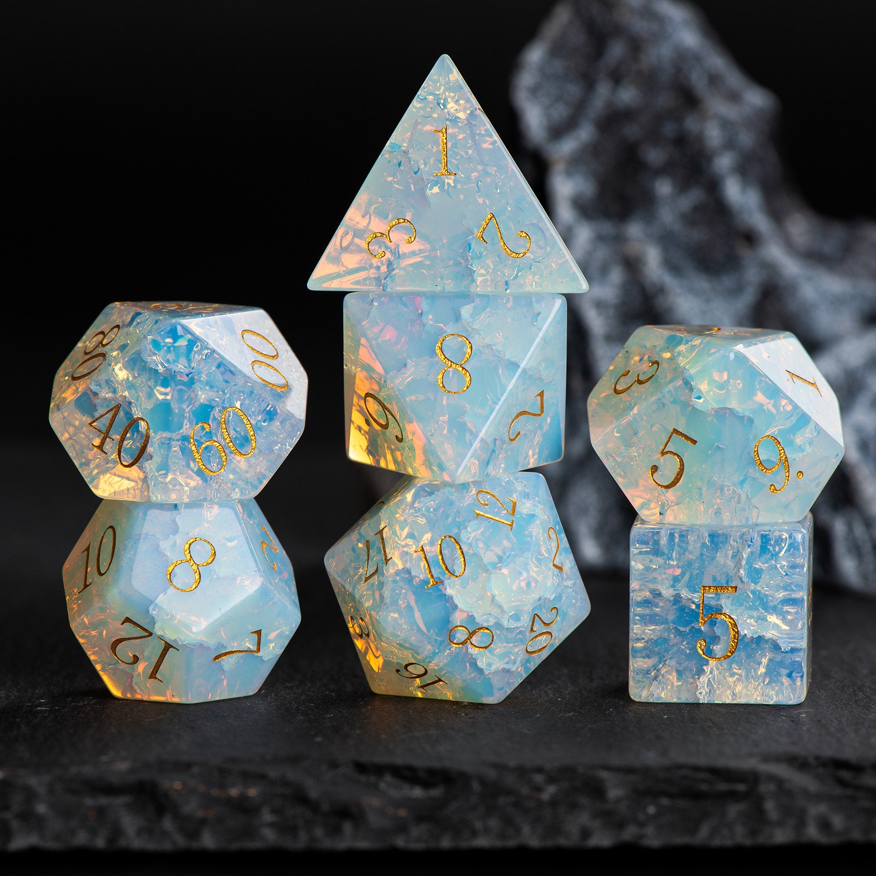 Iridescent Opal-Effect Cracked-Texture DND Gemstone Dice Set