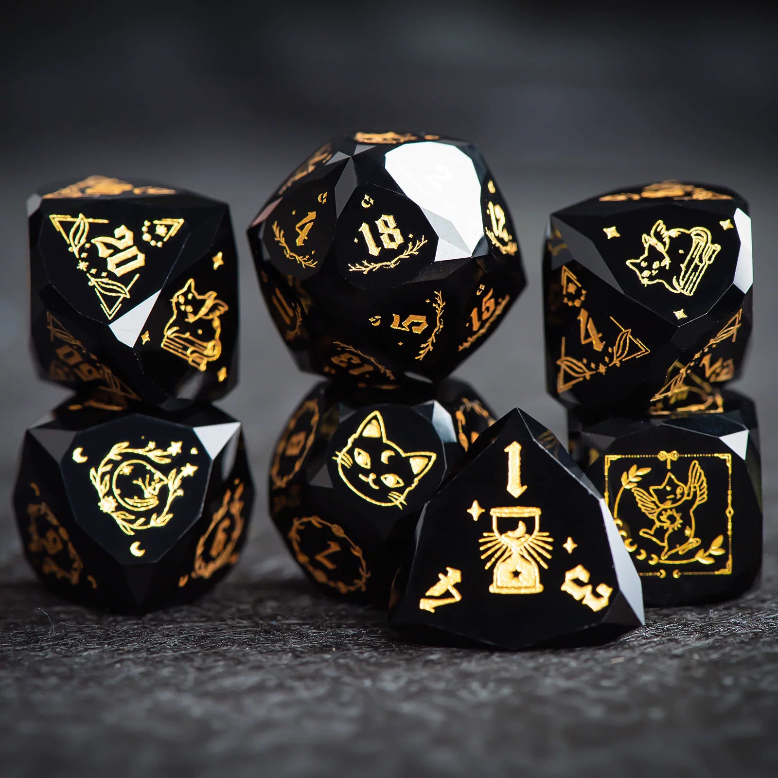 Multi-Faceted Moon Cat Obsidian DND Dice Set