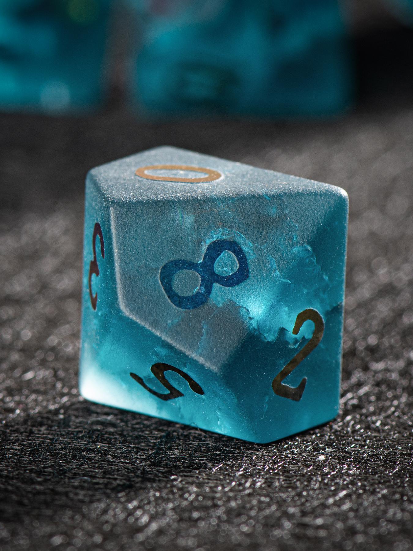 Blue Frosted Glass DND Dice Set with Crackle Finish