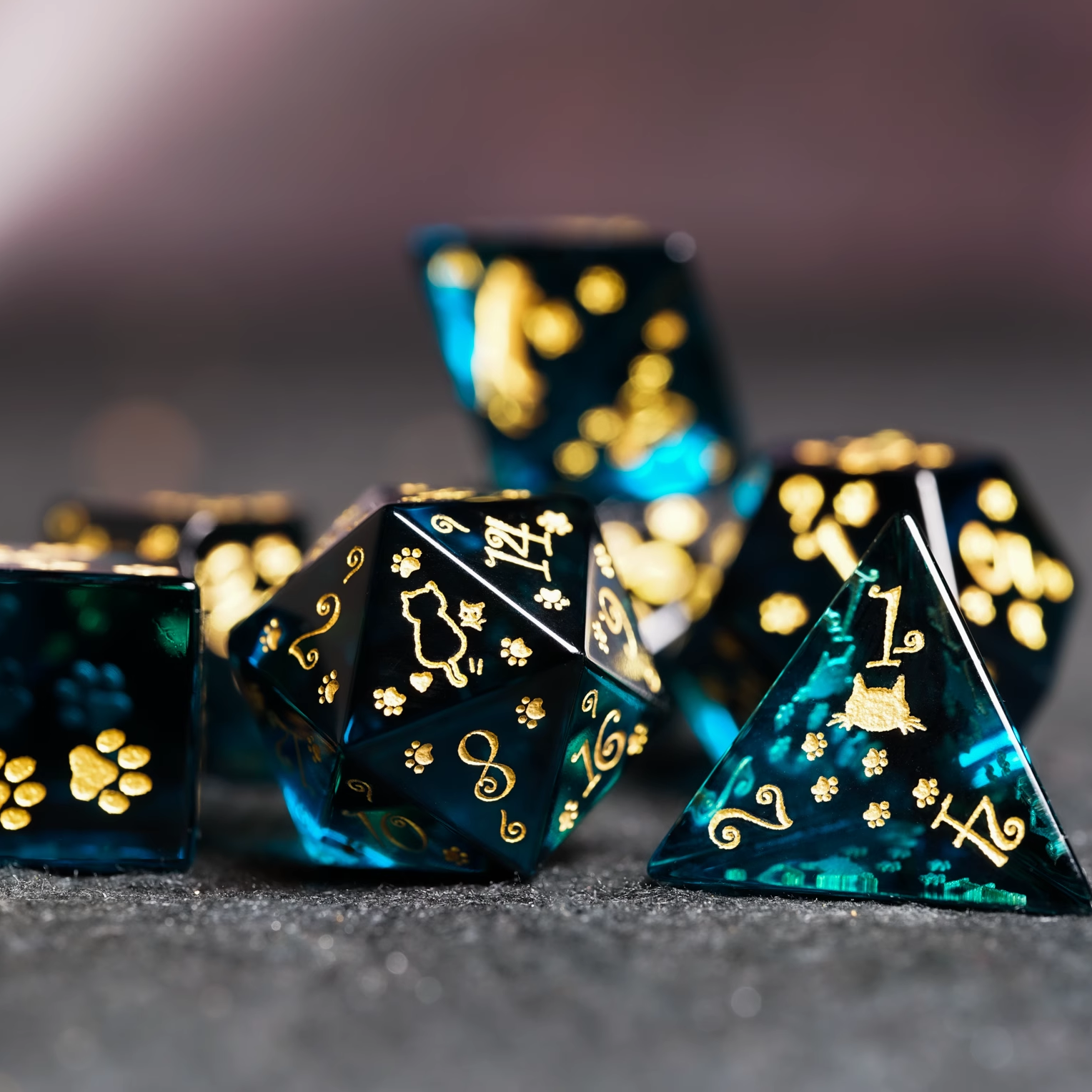 Blue Crystal Cat Theme DND Dice Set | Gem Dice for Cthulhu & Tabletop RPG