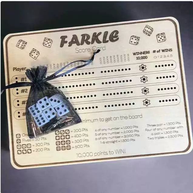 Farkle Wooden Dice Game Board | Family Dice Game Gift Set with 6 Dice & Score Card