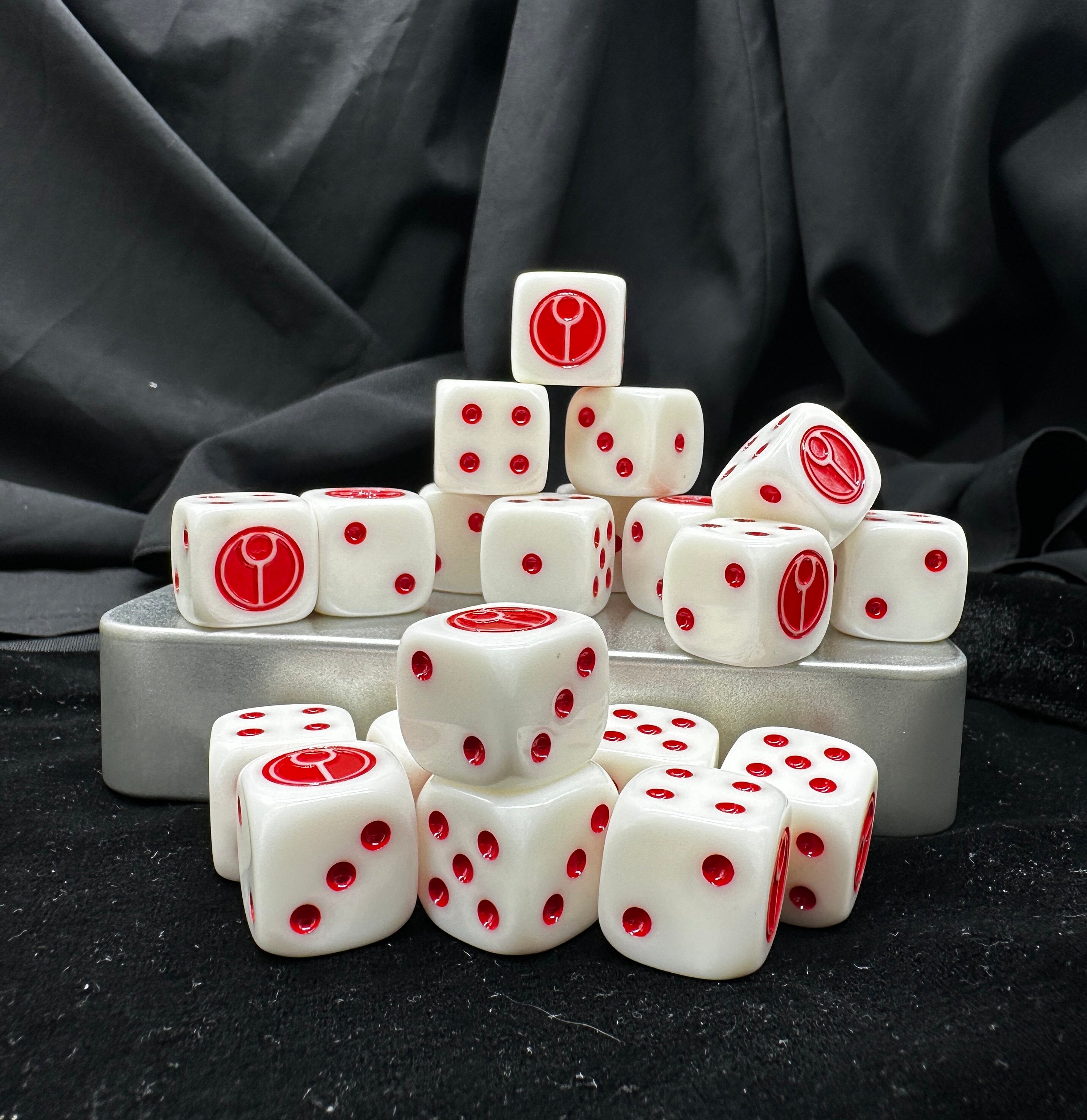 Tau Empire Opus Machina Dice – Warhammer 40K Milky White Acrylic D6 Set with Red Dots