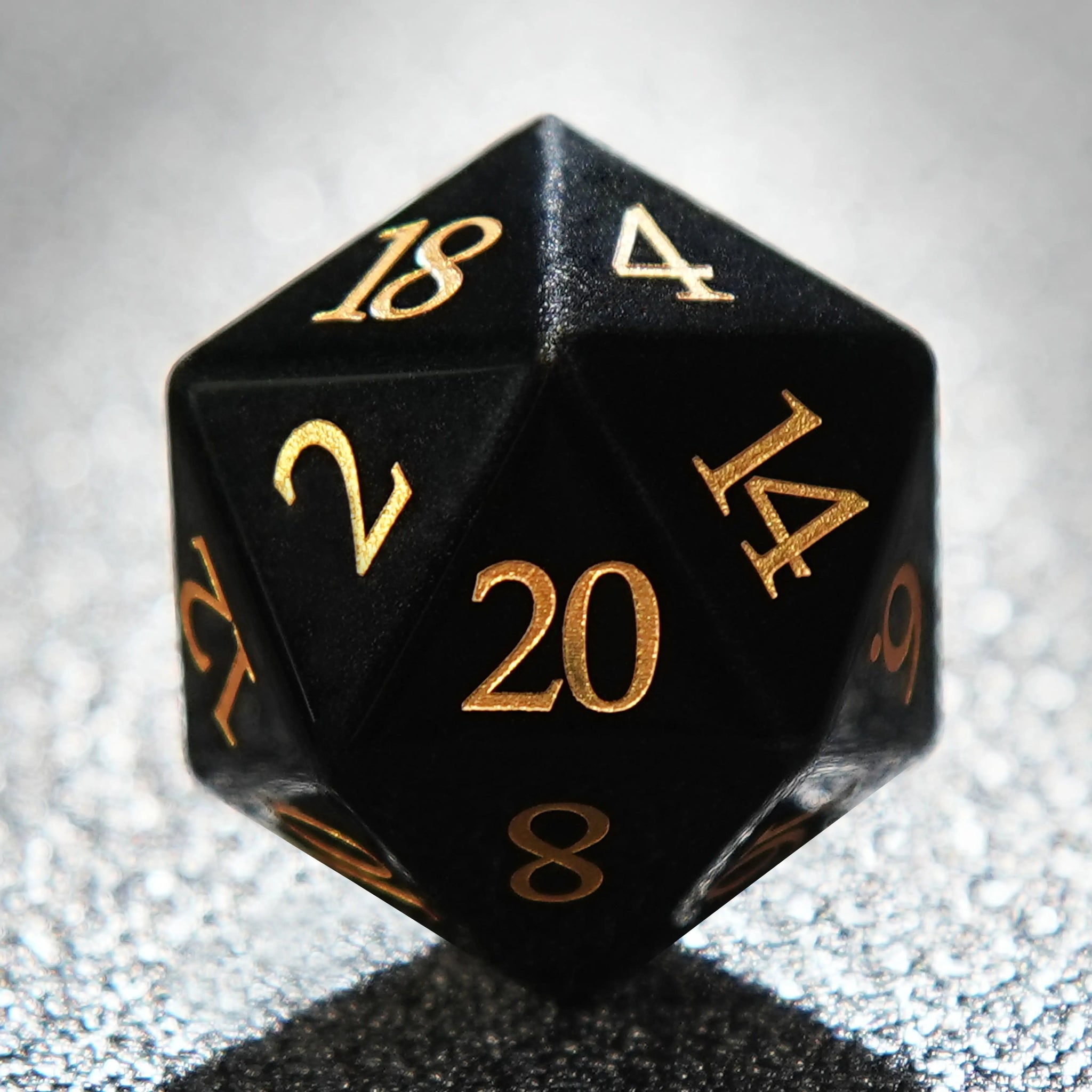 Obsidian DND Natural Gemstone D20 Dice with Engraved Gold Numbers | Bear Dice