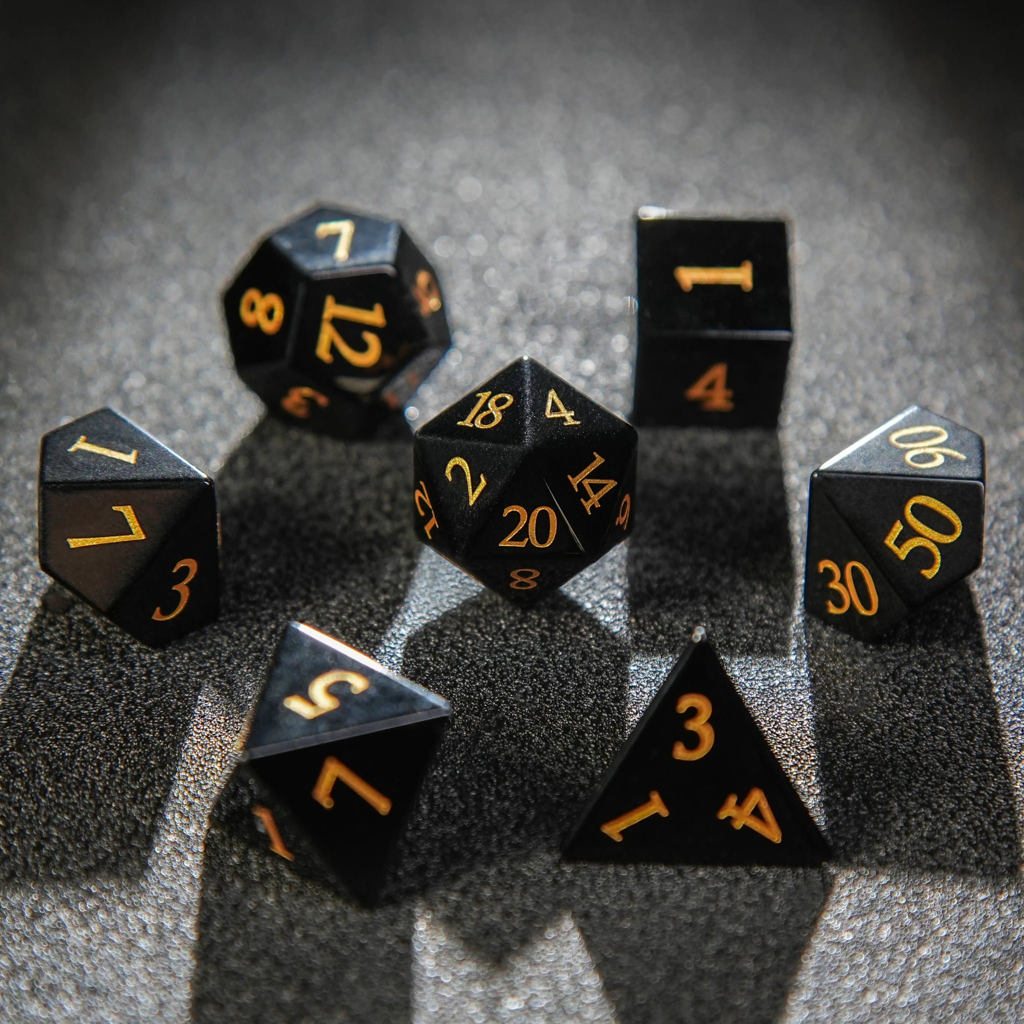 Obsidian DND Natural Gemstone Dice Set + Engraved Gold Numbers | Bear Dice
