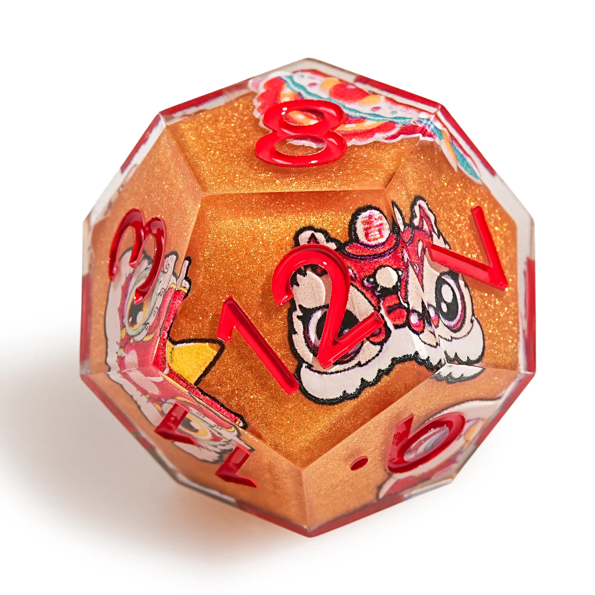 Oriental Style - Orange Glitter Resin Lion Dance DND D12 Dice with Red Numbers | Bear Dice