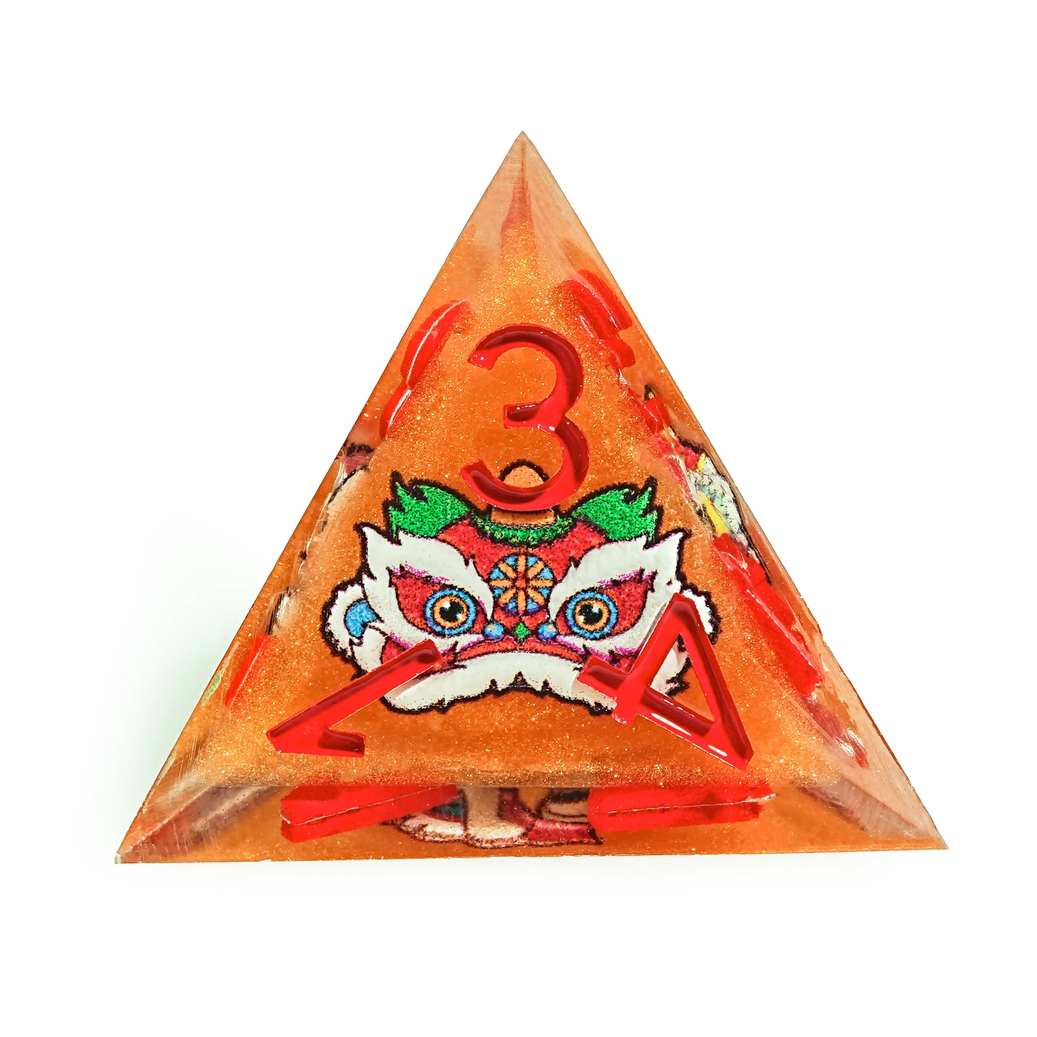 Oriental Style - Orange Glitter Resin Lion Dance DND D4 Dice with Red Numbers | Bear Dice