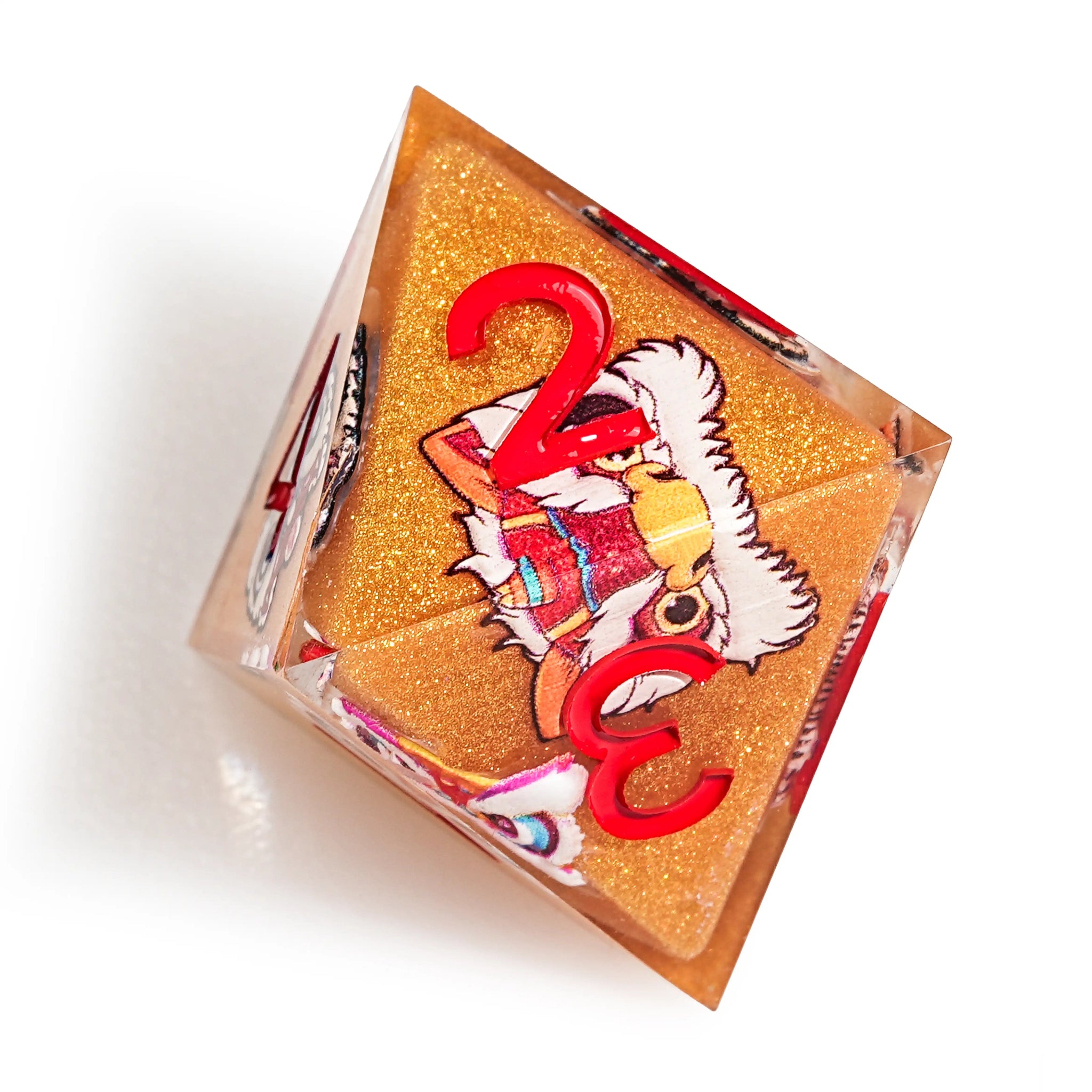 Oriental Style - Orange Glitter Resin Lion Dance DND D8 Dice with Red Numbers | Bear Dice