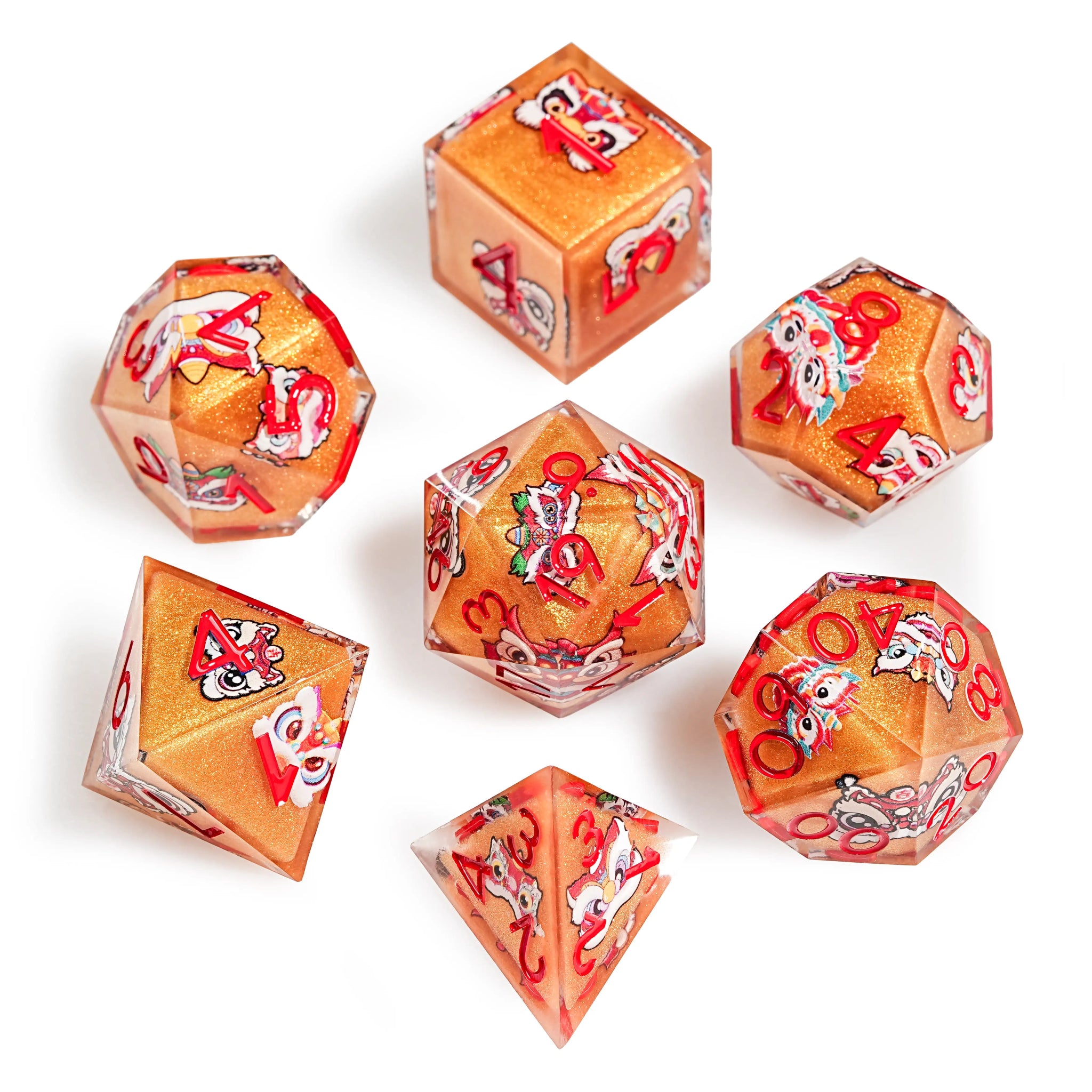 Oriental Style - Orange Glitter Resin Lion Dance DND Dice Set with Red Numbers | Bear Dice