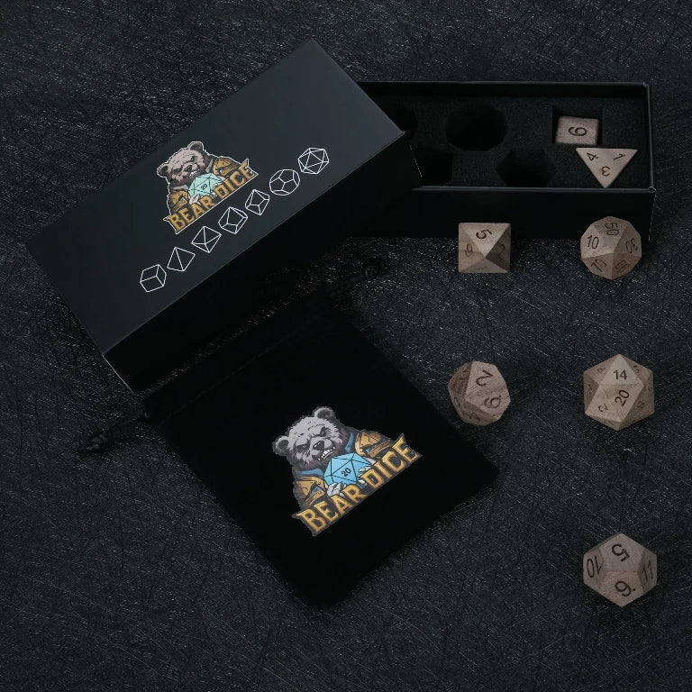 Black Walnut Dice Set, includes a black velvet drawstring dice bag and a black dice box | Bear Dice