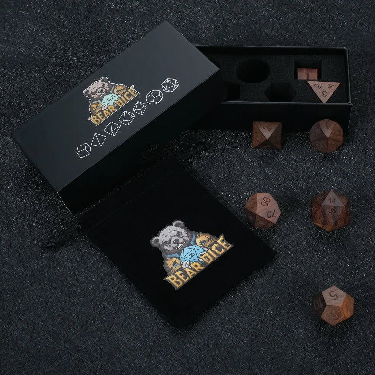 Purple Sandalwood Dice Set, includes a black velvet drawstring dice bag and a black dice box | Bear Dice