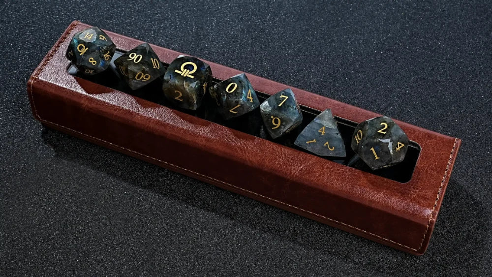 Natural Labradorite DND Dice Set, engraved with the Ring of Inquiry pattern, comes with a rectangular transparent leather dice display box | Bear Dice