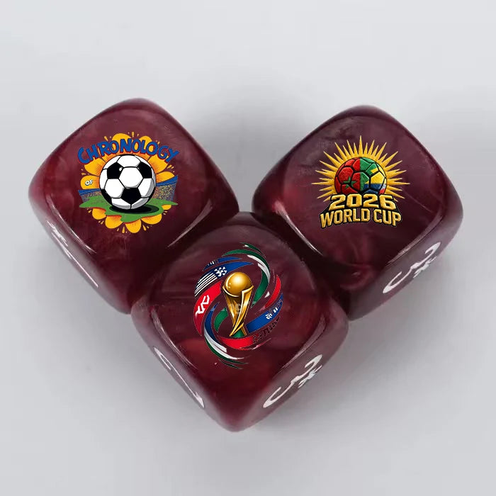 Personalized Red Swirl Acrylic D6 Dice with Printed World Cup Soccer Patterns | Bear Dice