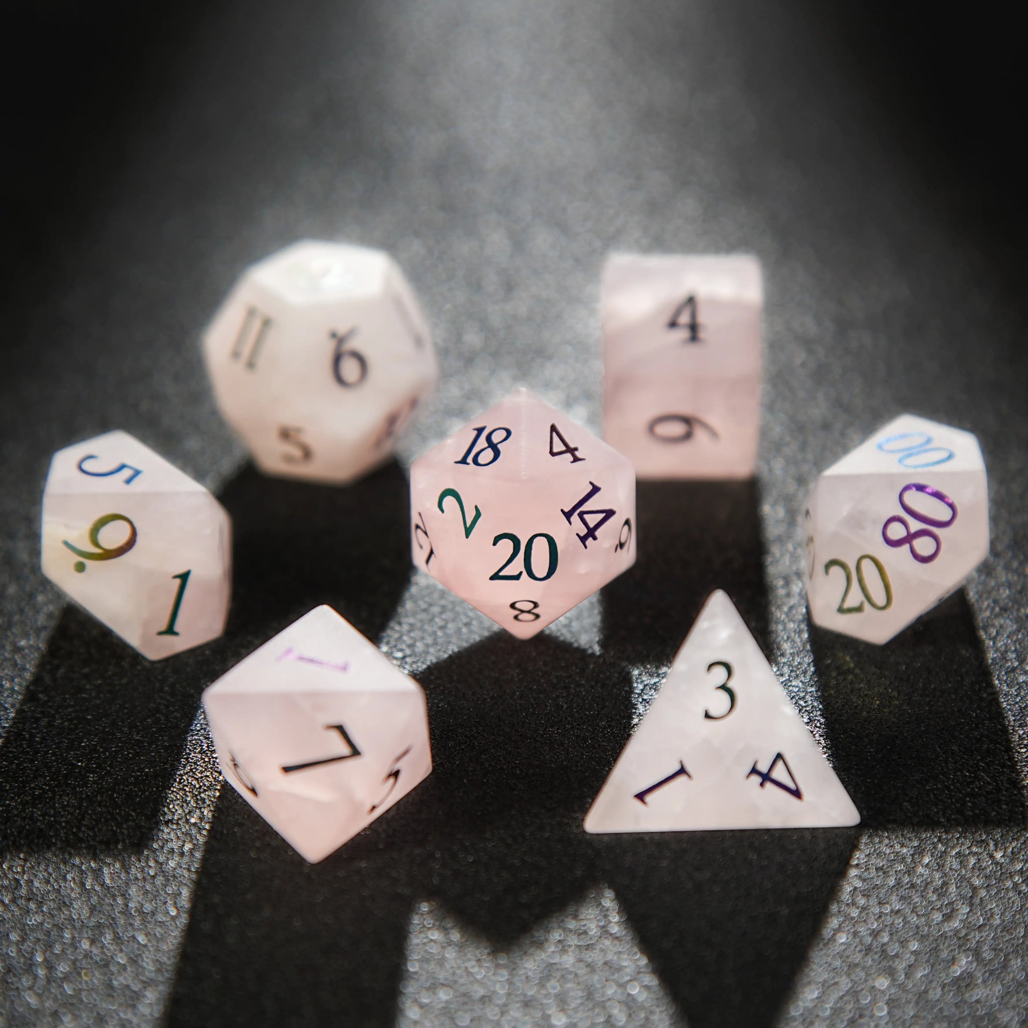 Pink Frosted Crystal Dice D&D Natural Gemstone Dice Set + Electroplated Colored Numbers | Bear Dice