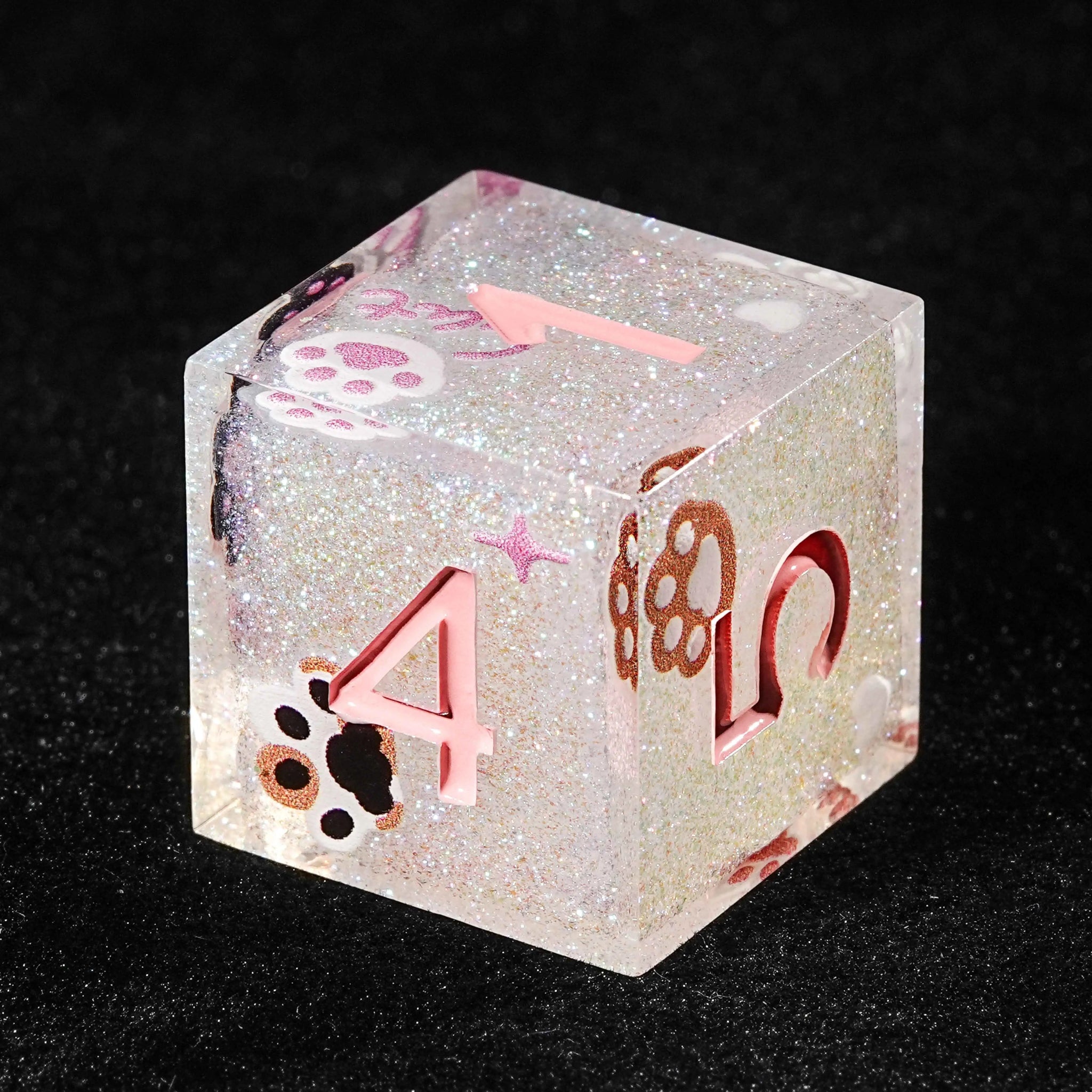 Pink glitter resin DND polyhedron D6 dice with pink numbers and cute cat paw prints | Bear Dice