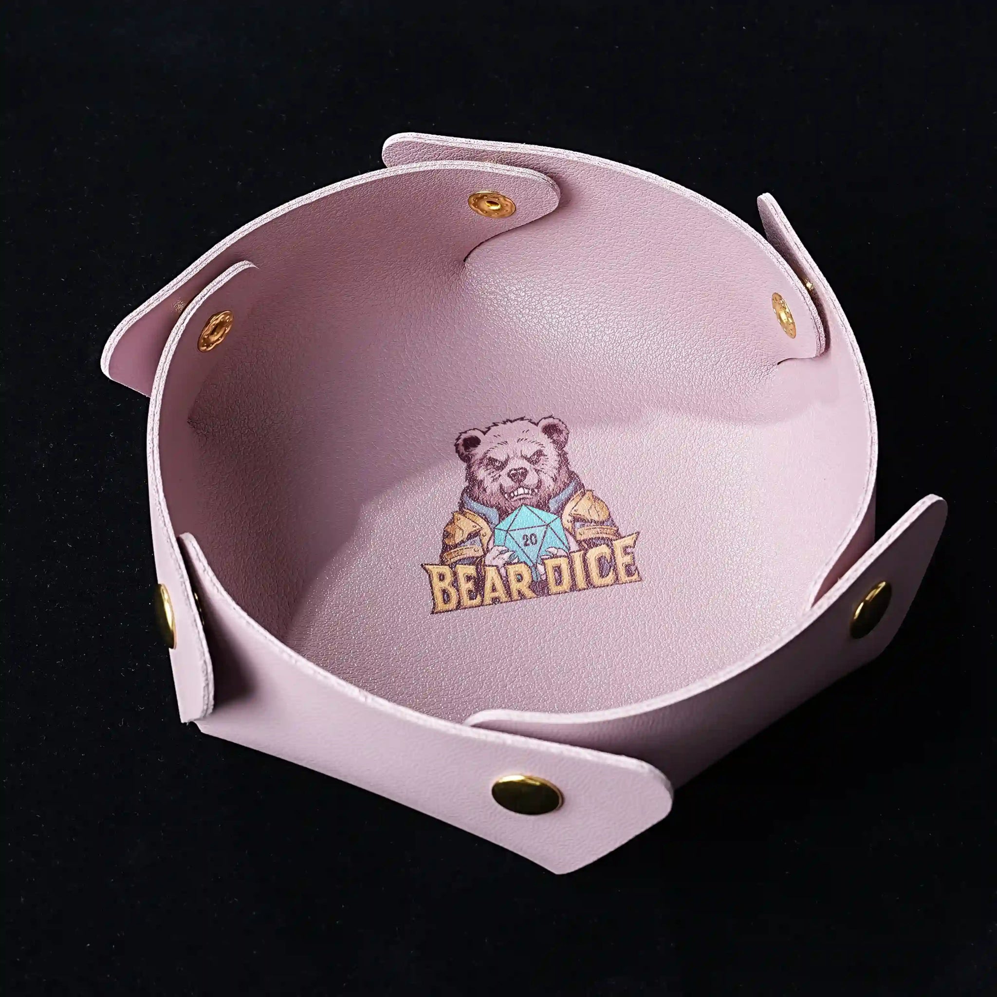 Pink snap-on semi-circular leather DND dice tray with Bear Dice logo | Bear Dice