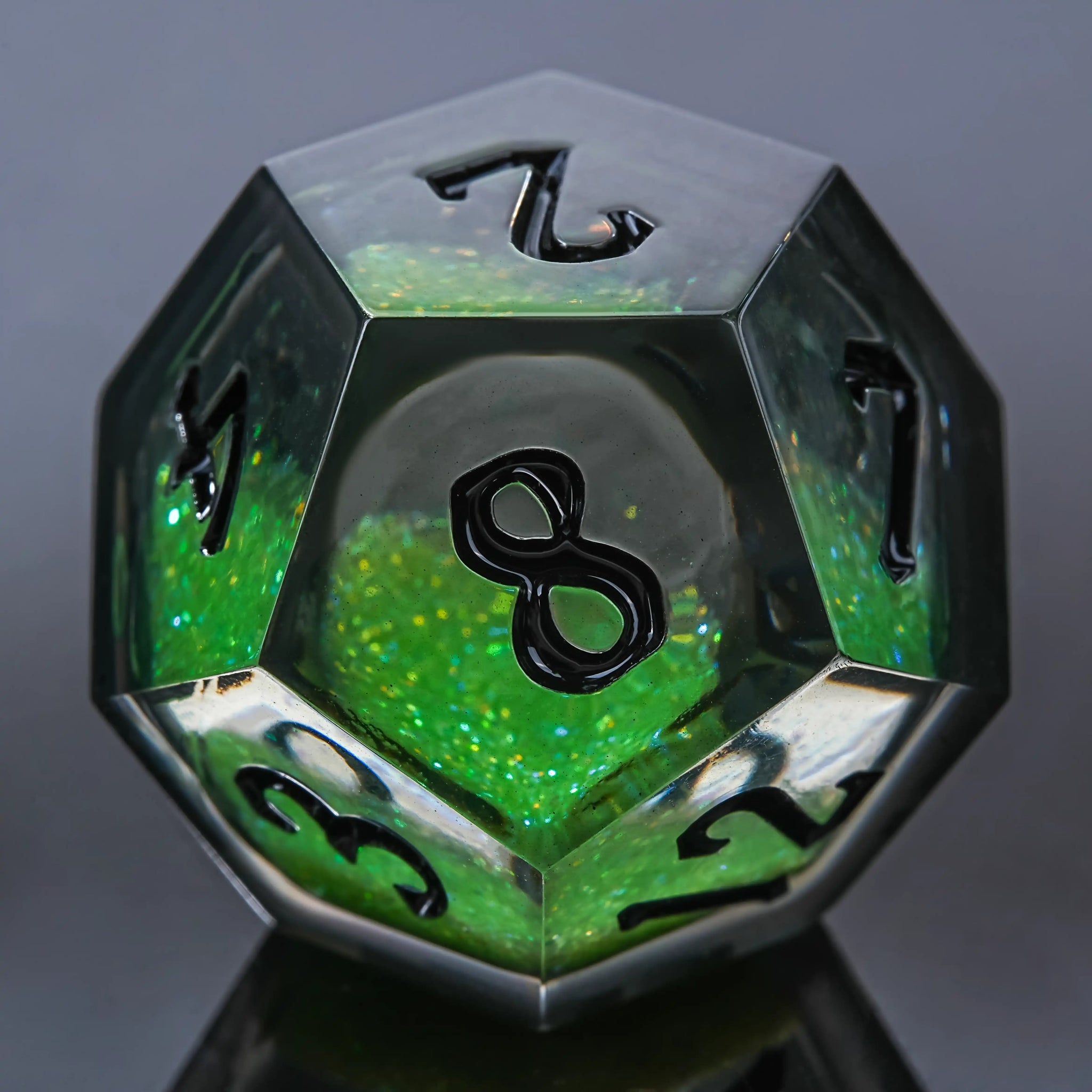 Kickstarter Dice - Plague Elixir Green Liquid Core Resin DND D12 Dice with Black Text | Bear Dice