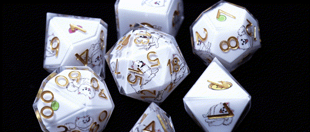 Animated GIF of Canine Legends Pomeranian Resin DND Dice Set, sharp-edged polyhedral dice with white base and cute Pomeranian dog illustrations, perfect for Dungeons & Dragons and tabletop RPGs.