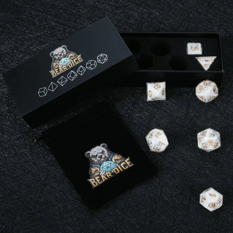 Kickstarter Dice – Handcrafted Pomeranian Resin Dice Set with Black BearDice Dice Case and Bonus Black Velvet Drawstring Dice Bag | Bear Dice