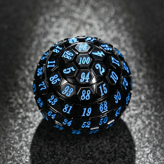Premium black acrylic D100 dice with vibrant blue numbering and unique spherical design | Bear Dice