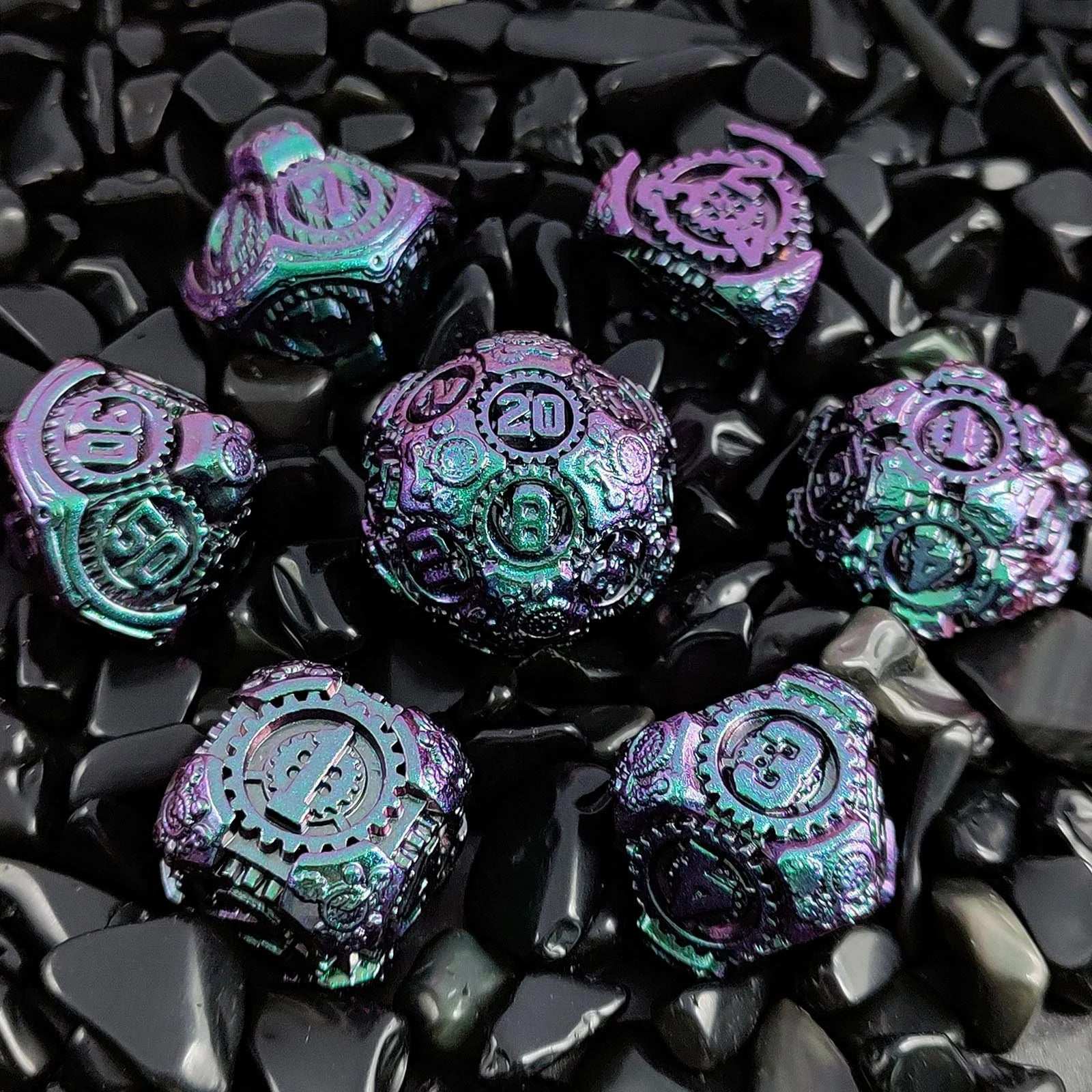 Purple and Green Gradient Cyberpunk Mechanical Gear Metal DND Dice Set | Bear Dice