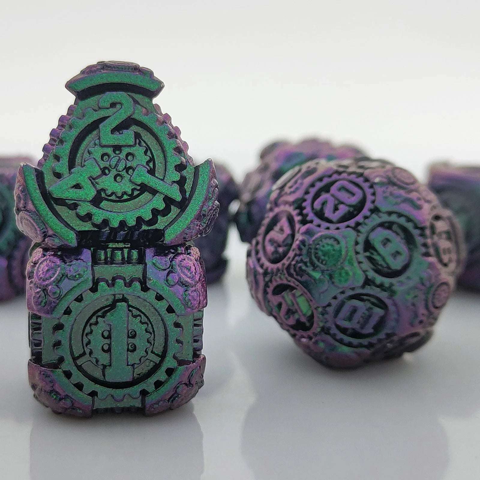 Purple and Green Gradient Cyberpunk Mechanical Gear Metal DND D4, D6, and D20 Dice | Bear Dice