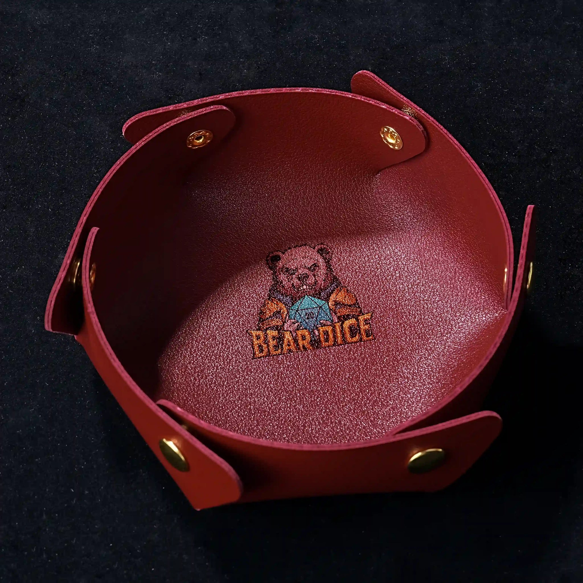 Red snap-on semi-circular leather DND dice tray with Bear Dice logo | Bear Dice