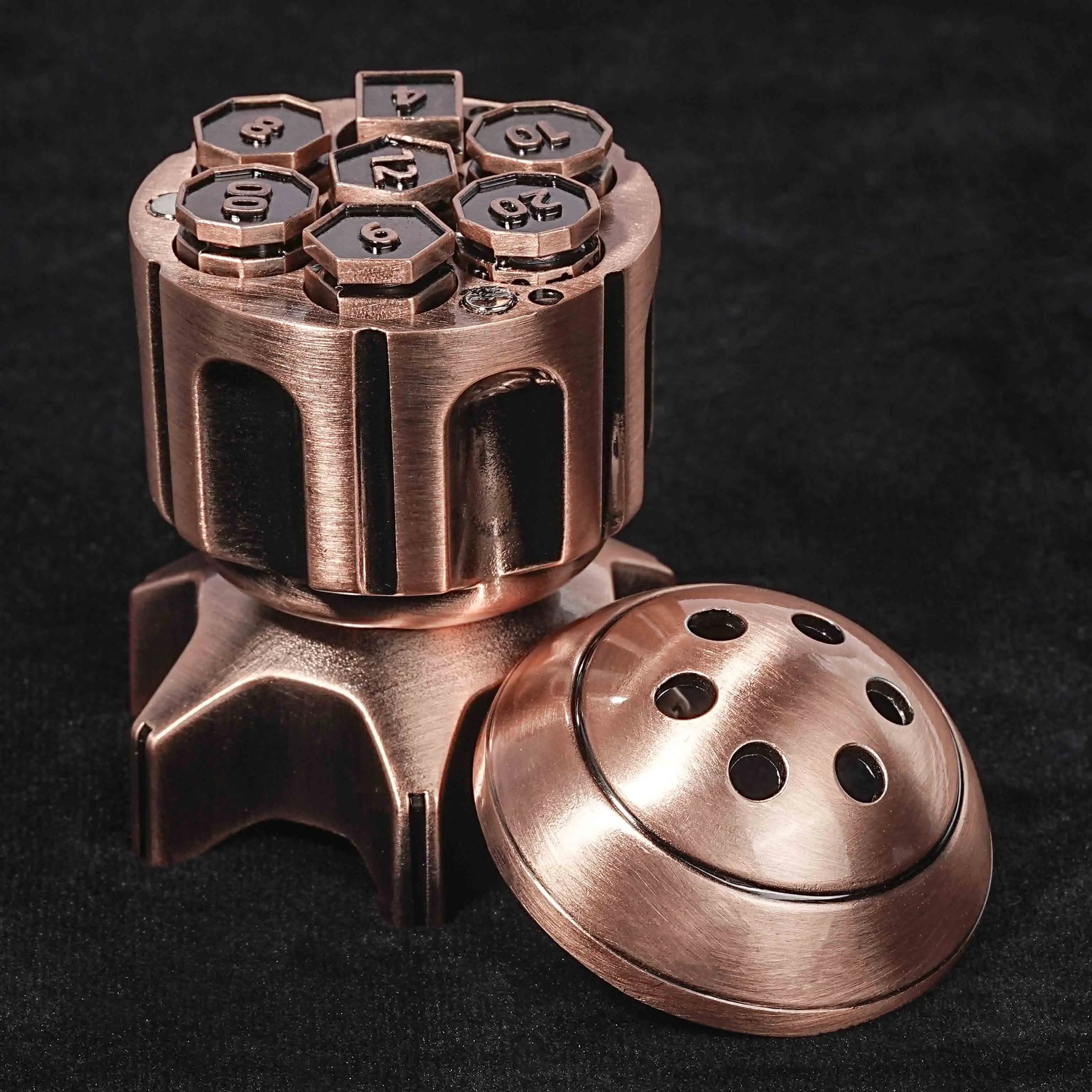 Cool red copper rocket launcher dice box + 7 DND metal bullet dice | Bear Dice