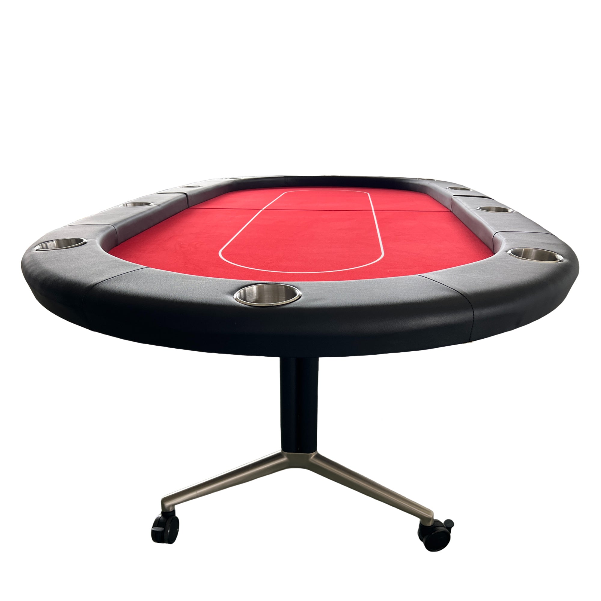 Red felt oval foldable casino poker table (with casters), with 10 cup holders | Bear Dice