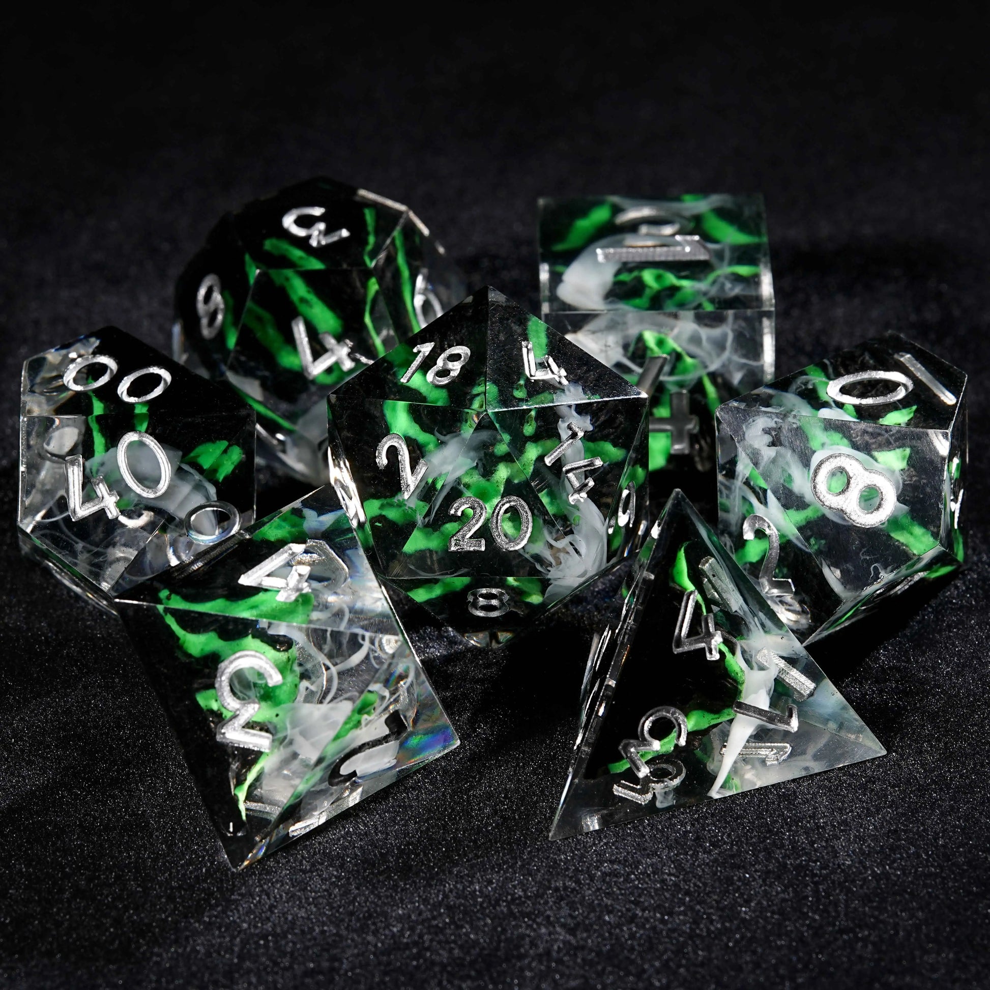 Volcanic Landscape - Green Lava Resin dnd Dice Set+ Silver Numbers | Bear Dice