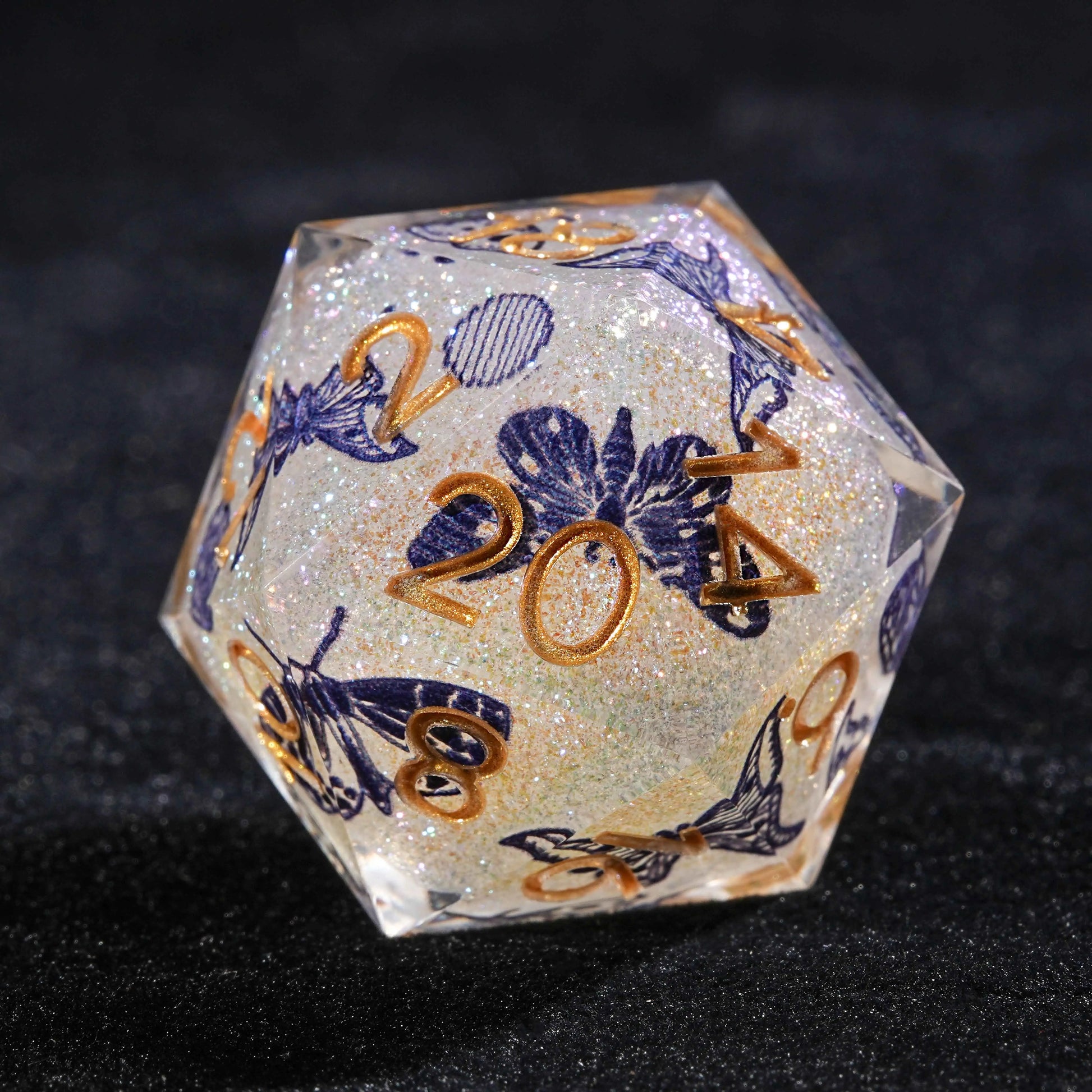 Blue Butterfly Resin DND D20 Dice + Gold Font | Bear Dice