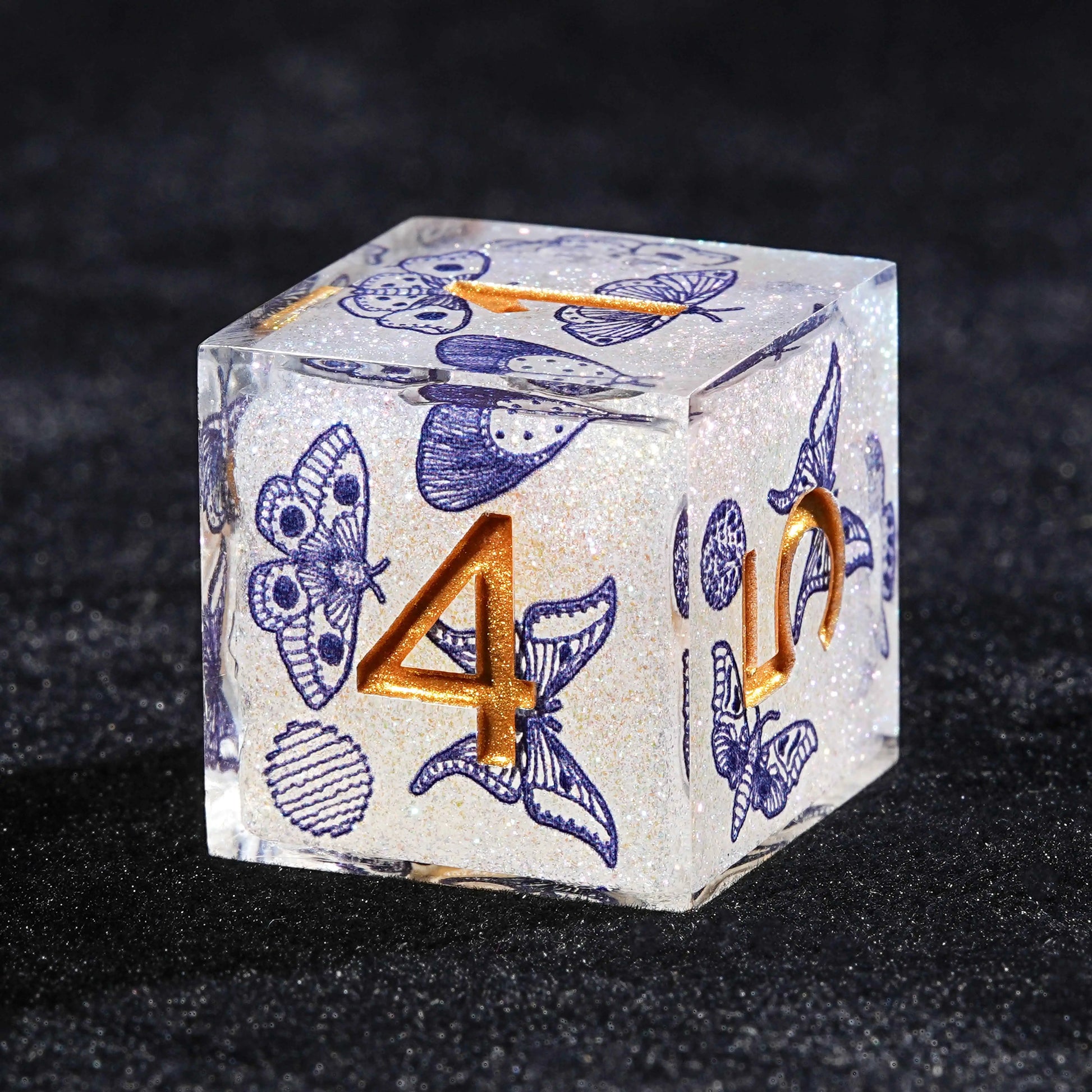 Blue Butterfly Resin DND D6 Dice + Gold Font | Bear Dice