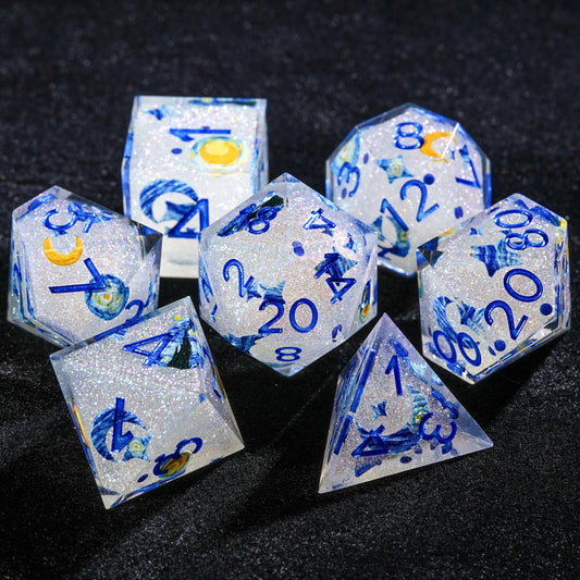 Blue Resin Solid Van Gogh DND Dice Set + Blue Numbers | Bear Dice