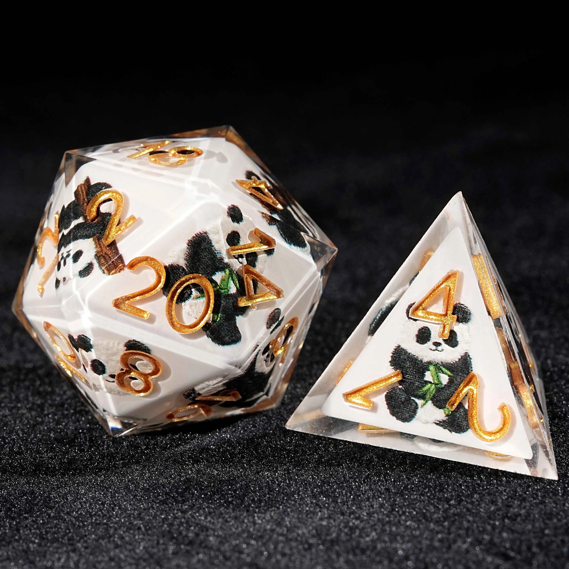 Panda Martial Monk - White Resin dnd D4 Dice + D20 Dice + Gold Font | Bear Dice 