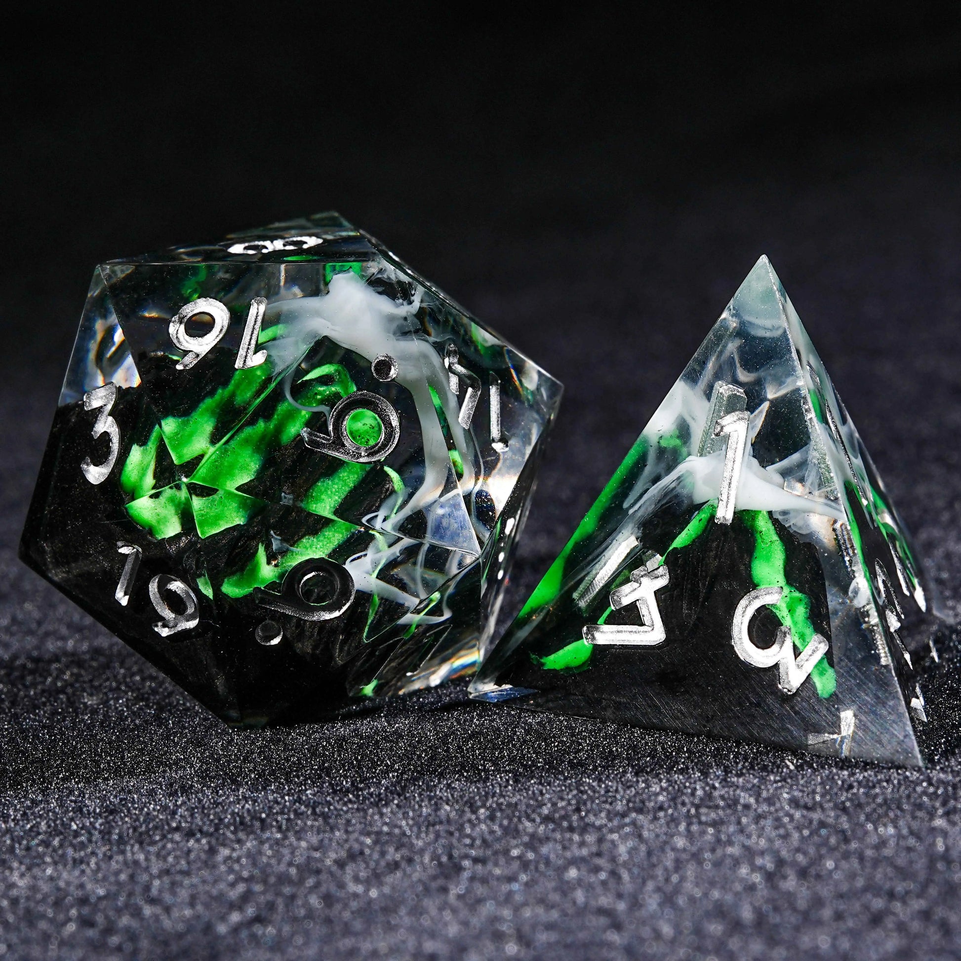 Volcanic Landscape - Green Lava Resin dnd D20 Dice +D4 Dice + Silver Numbers | Bear Dice