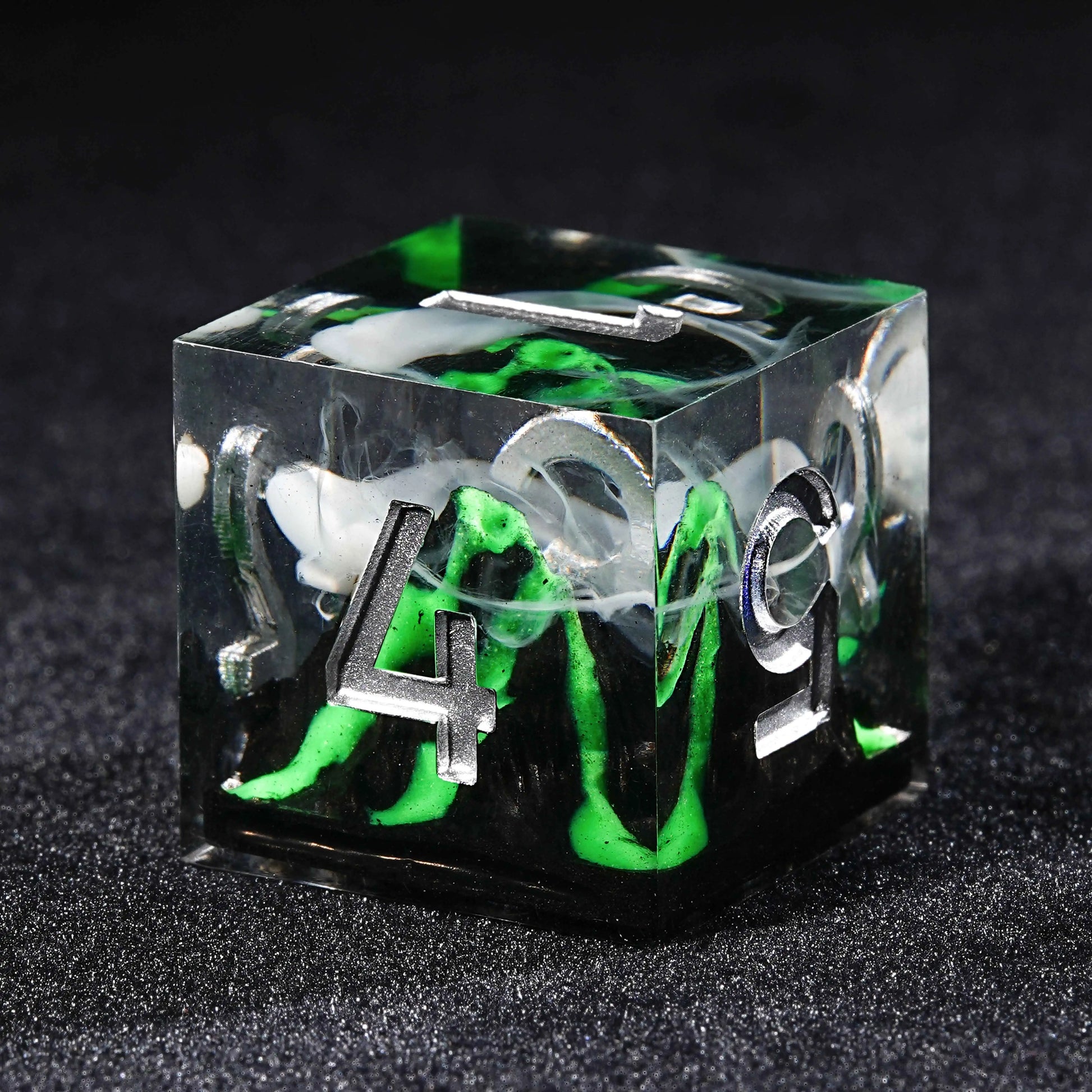 Volcanic Landscape - Green Lava Resin dnd D6 Dice + Silver Numbers | Bear Dice