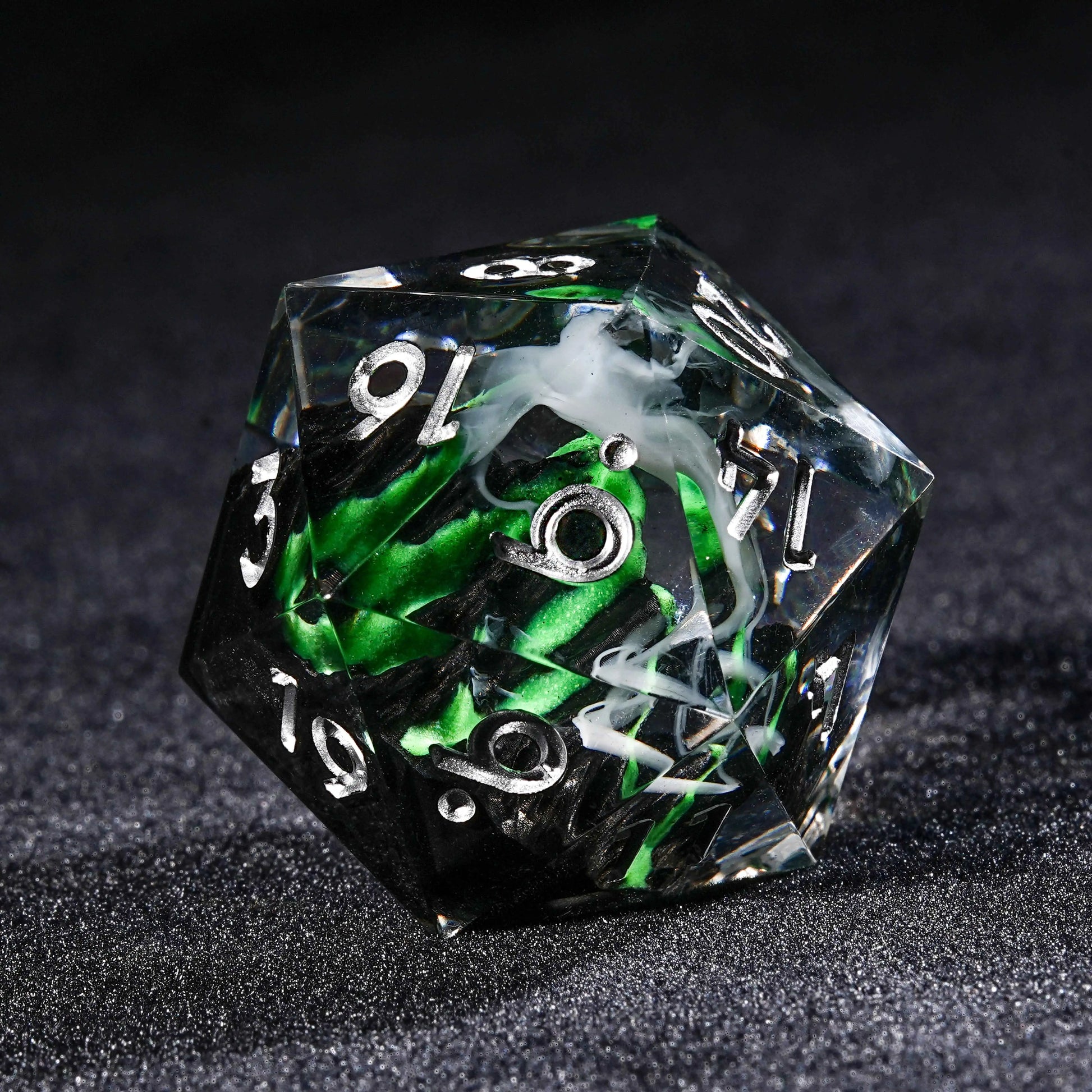 Volcanic Landscape - Green Lava Resin dnd D20 Dice + Silver Numbers | Bear Dice