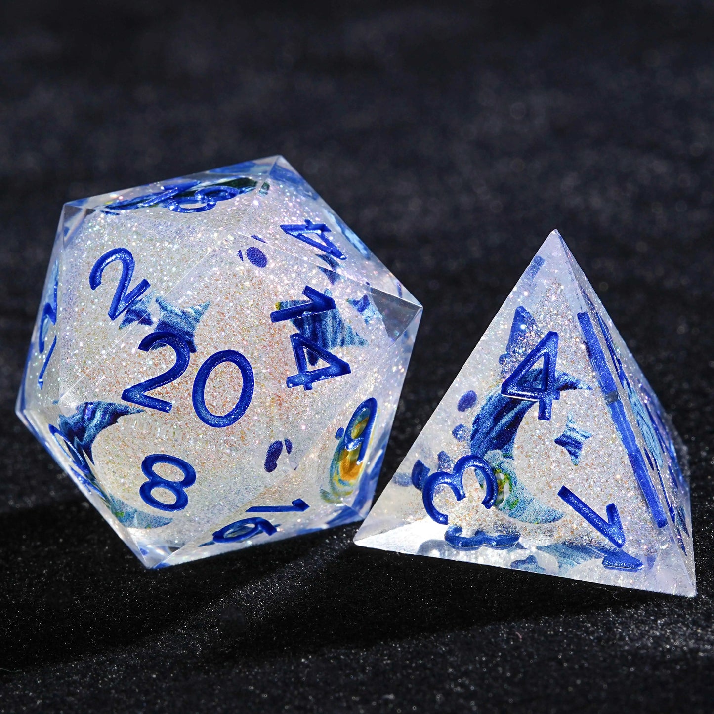 Blue Resin Solid Van Gogh DND D20 Dice +D4 Dice + Blue Numbers | Bear Dice