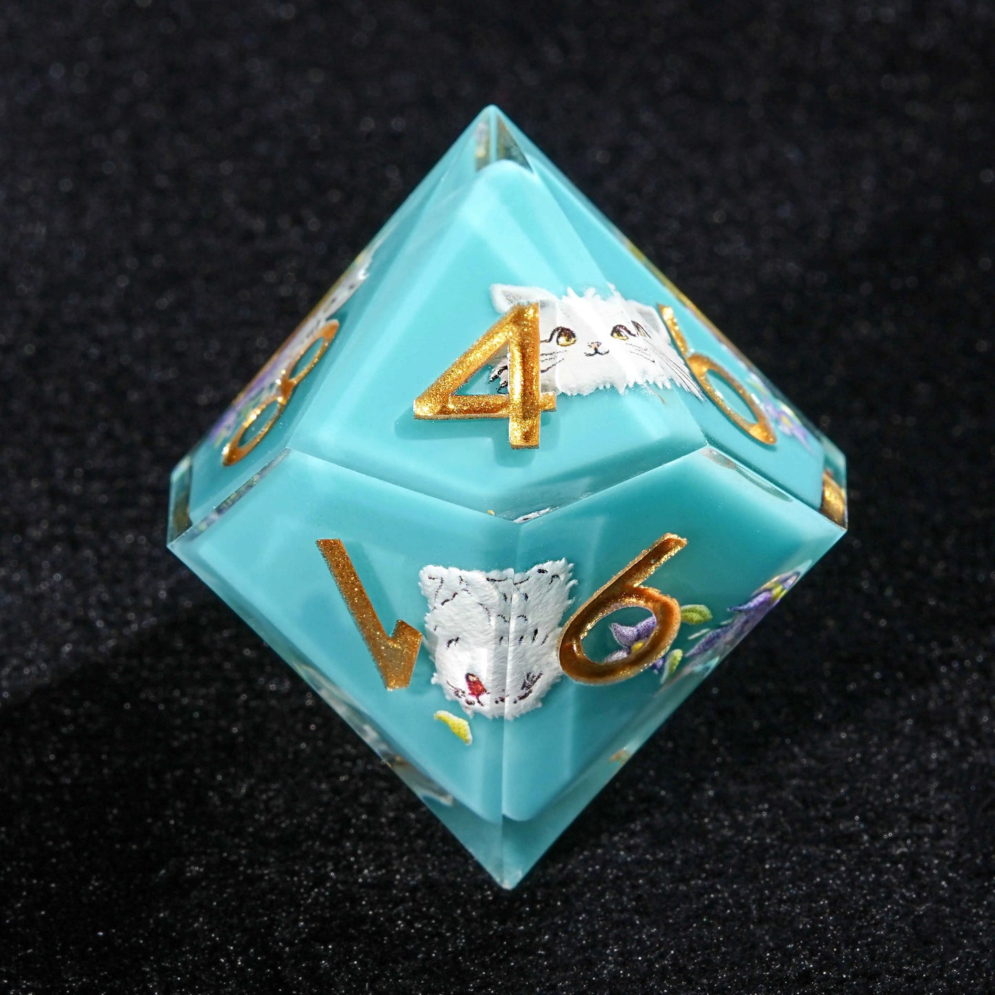 White Cat Blue Resin DND D10 Dice + Gold Font | Bear Dice