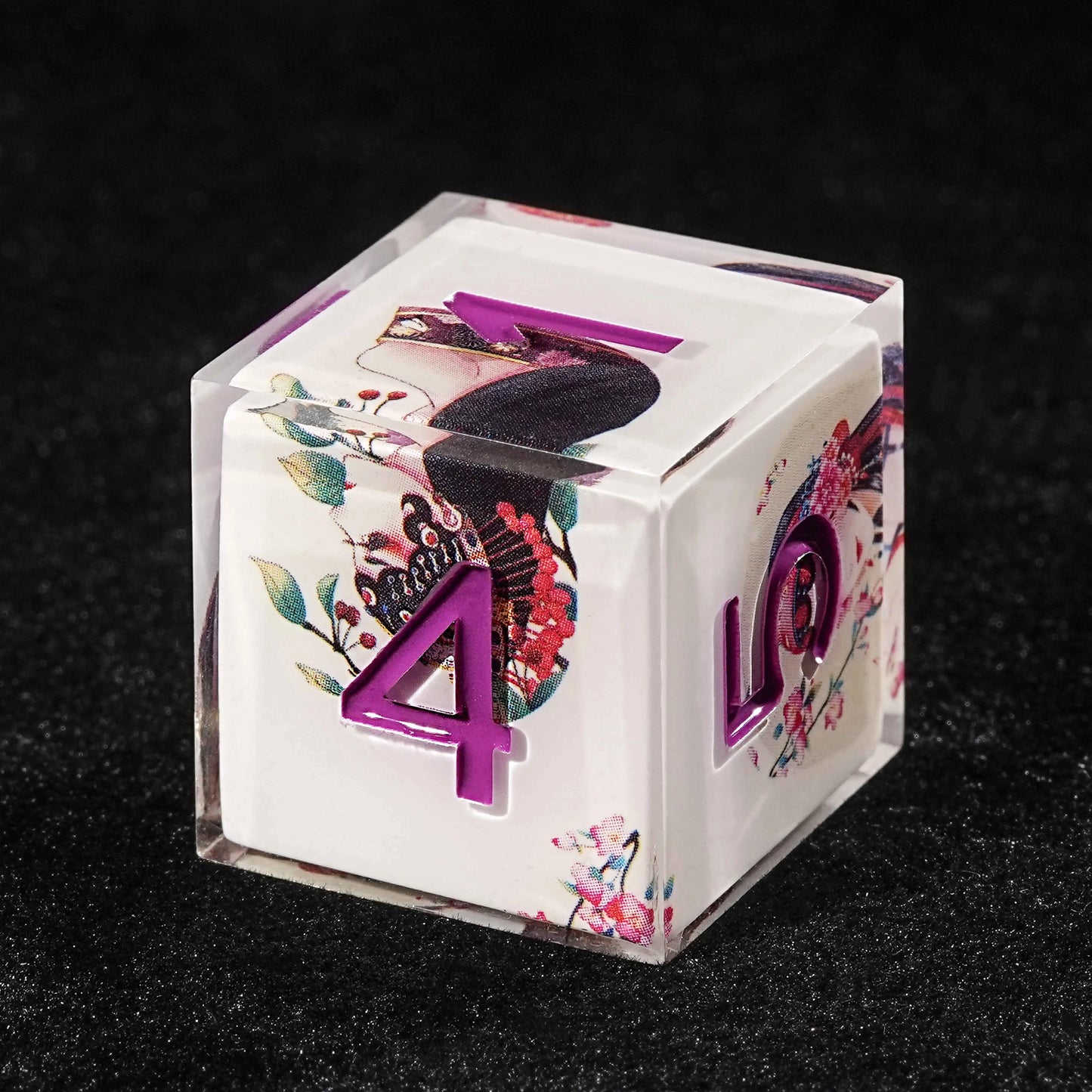 Oriental Culture - White Resin DND D6 Dice + Purple Font | Bear Dice