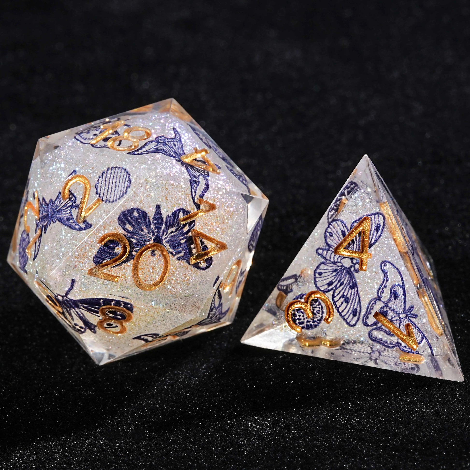 Blue Butterfly Resin DND Dice Set (D20、D4)+ Gold Font