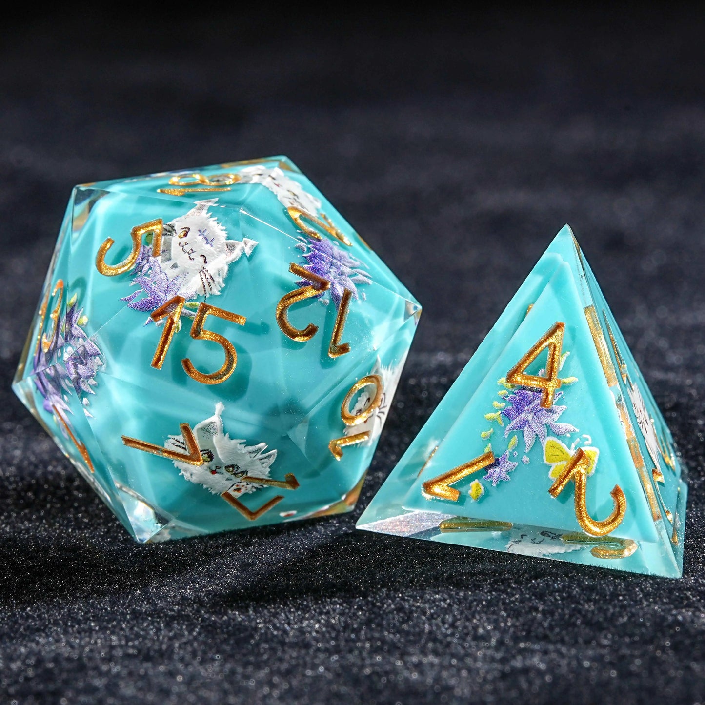 White Cat Blue Resin DND D20 Dice  + D4 Dice + Gold Font | Bear Dice