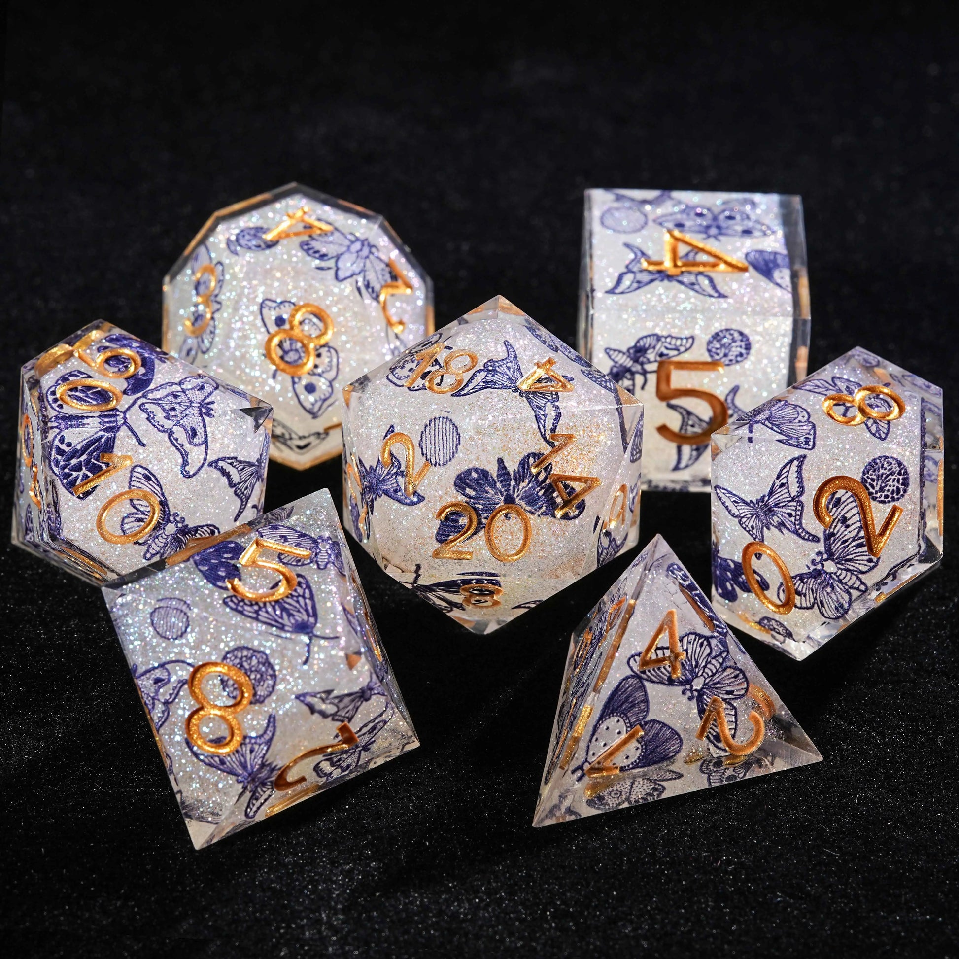 Blue Butterfly Resin DND Dice Set + Gold Font | Bear Dice