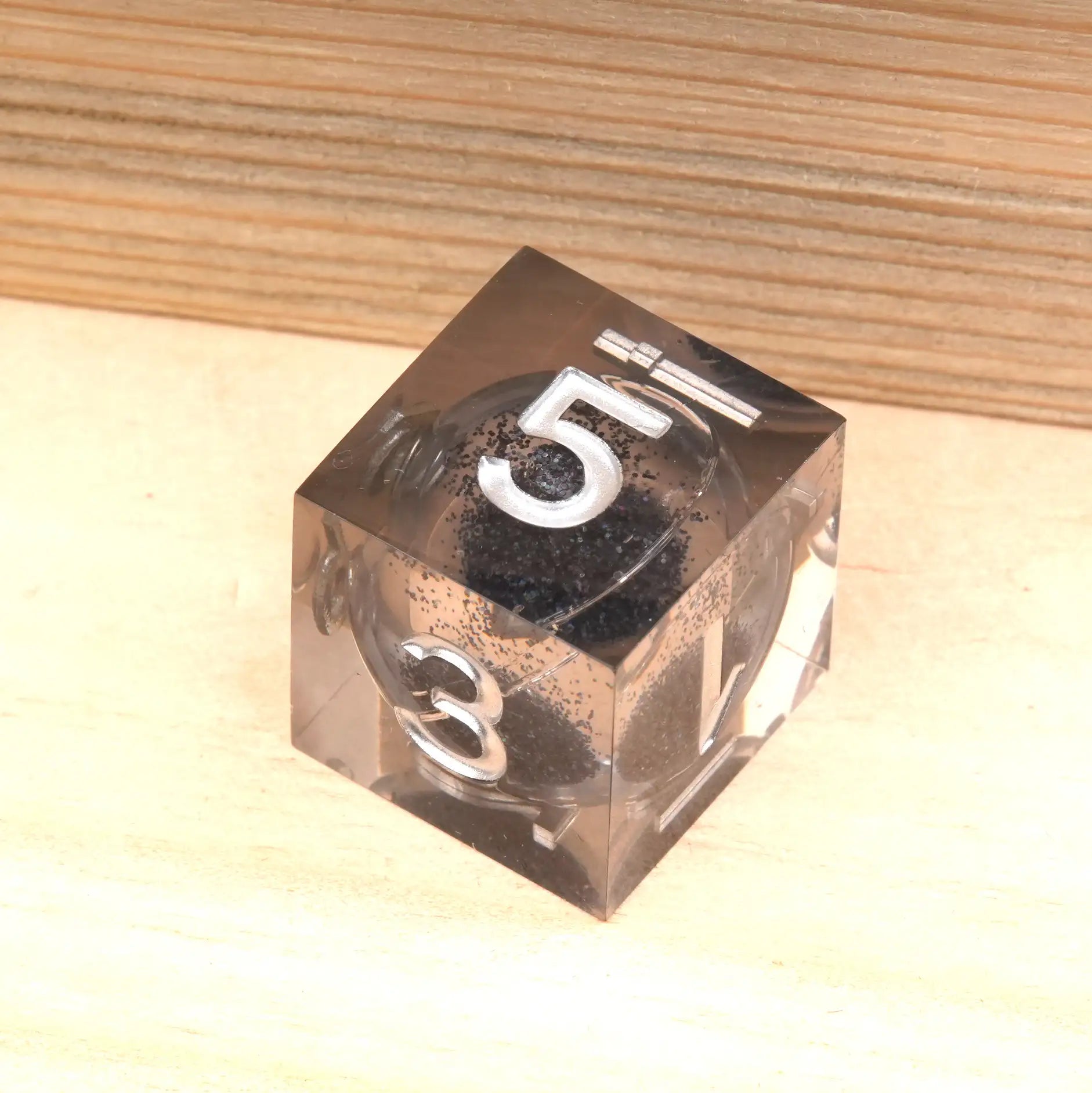 Resin  d6 dice set Black quicksand glitter core Silver engraving | Bear Dice