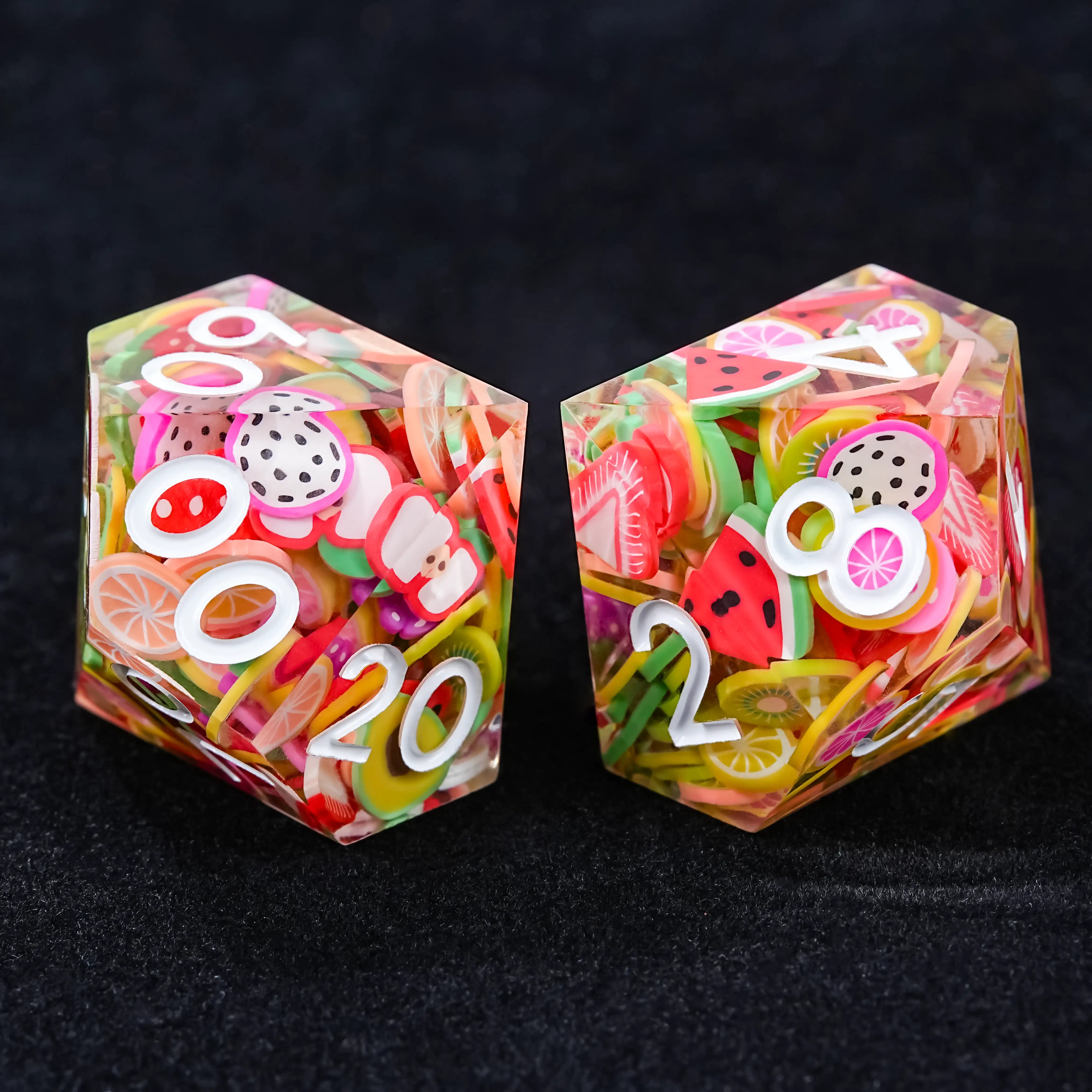 Handmade fruit resin polyhedron D&D dice d10 and d8 combination chart | BearDice