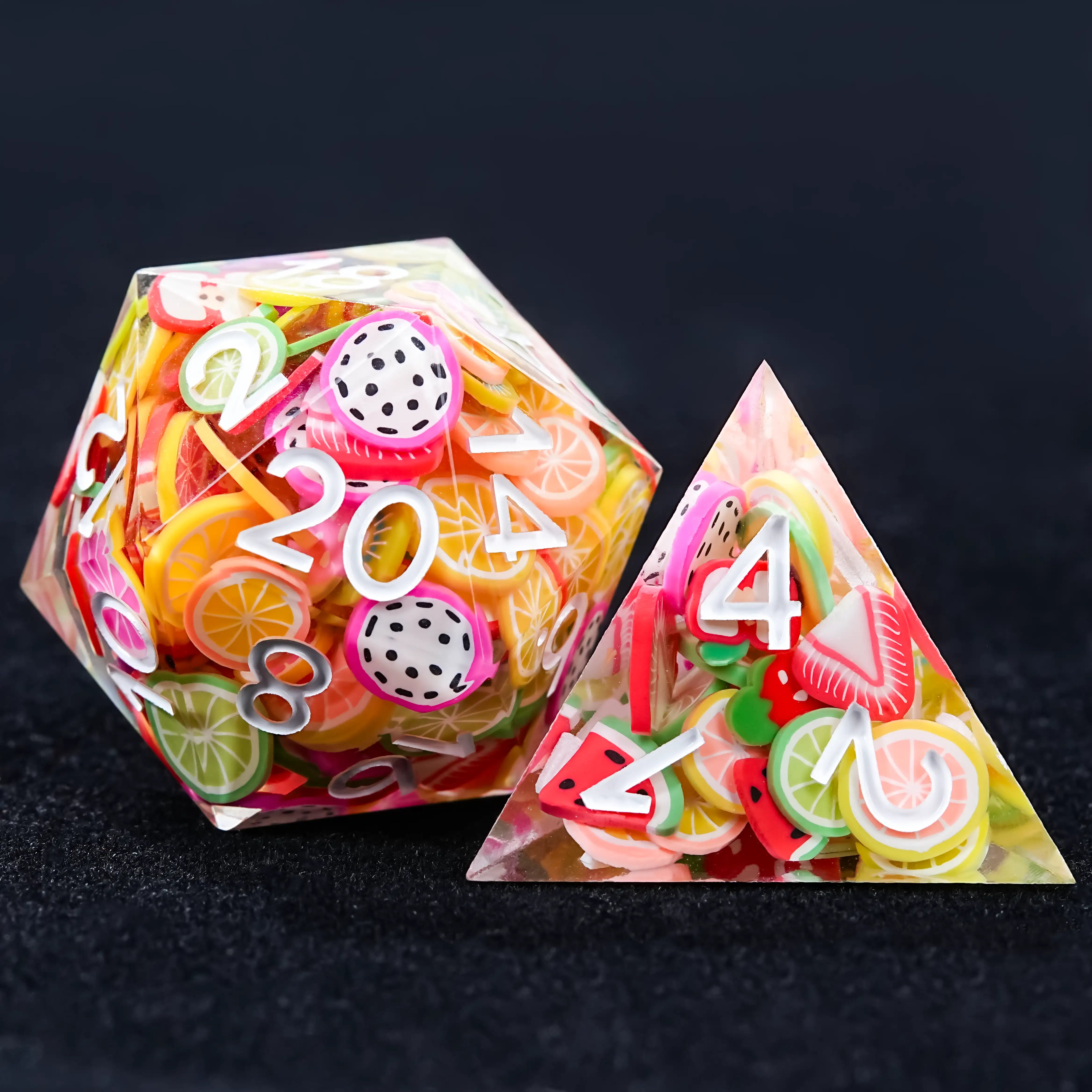 Handmade fruit resin polyhedron D&D dice d20 and d4 combination chart | BearDice