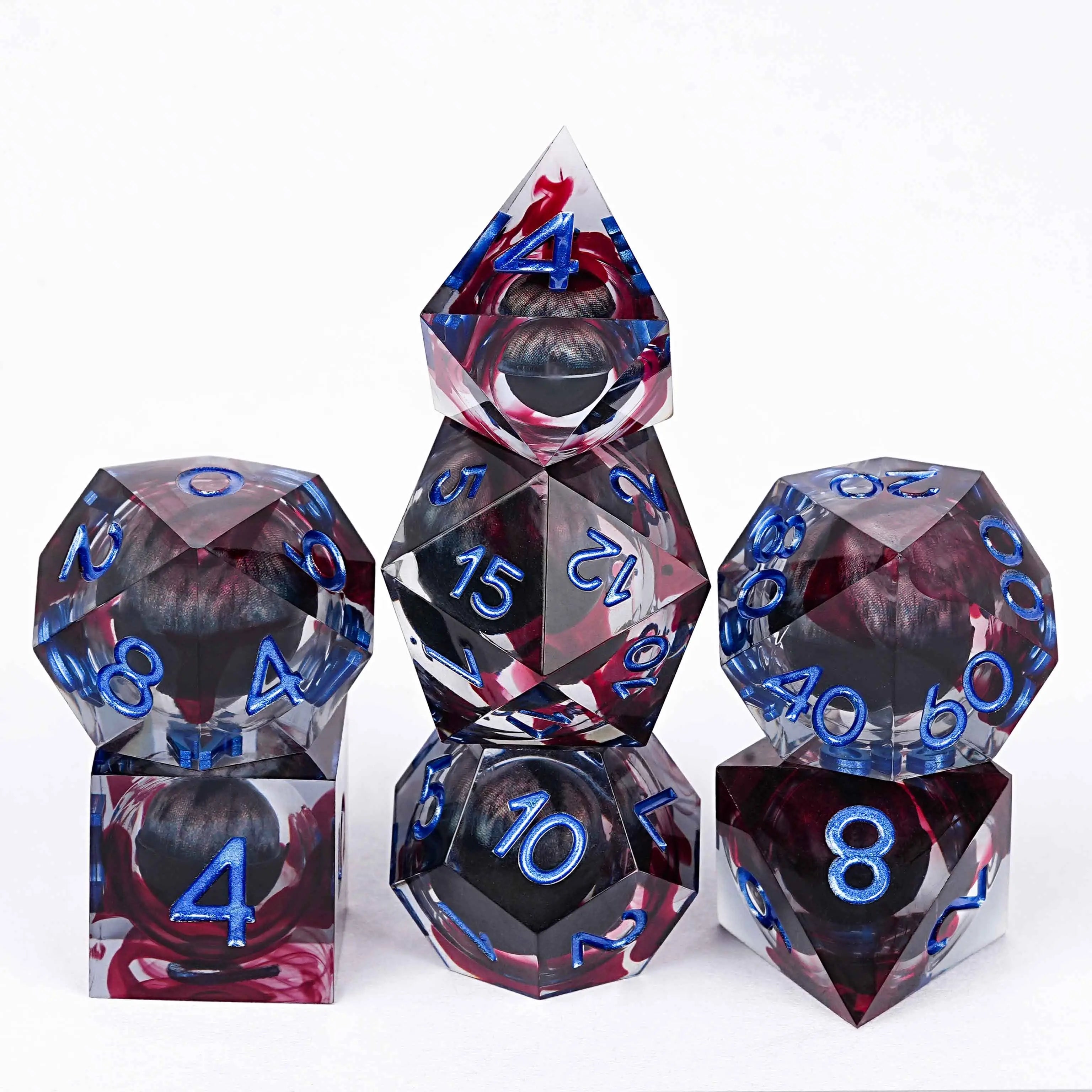 Blood-stained Black Dragon Eye Liquid Core Resin Polyhedron DND Dice Set + Blue Font | Bear Dice