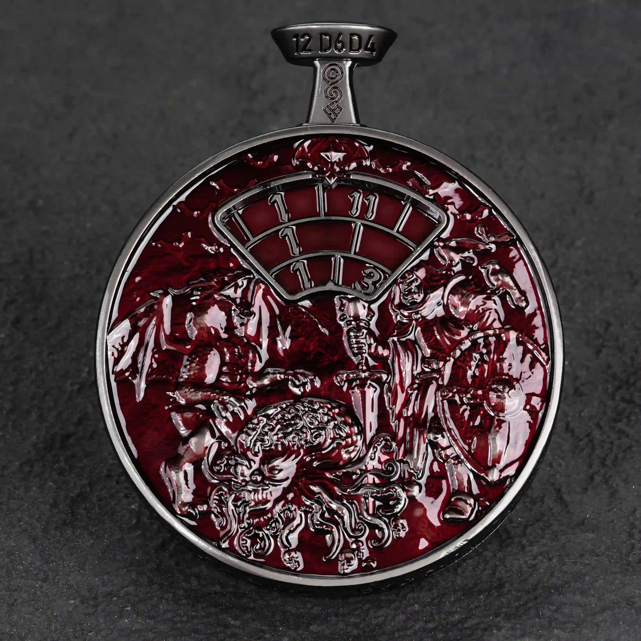 Reverse view of the unique 7-in-1 red DND spinning dice pocket watch: embossed images of Hearteater, dragons, etc. | Bear Dice