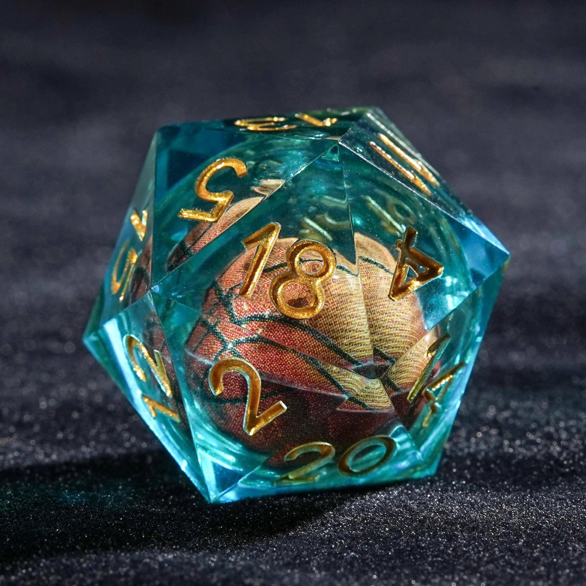 Round basketball core blue transparent resin DND D20 dice | Bear Dice