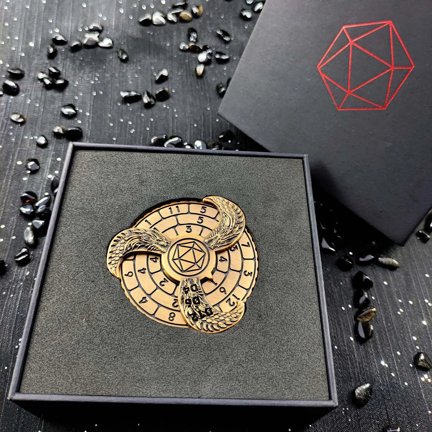 Unique dnd Spin Roulette Dice: Antique Gold 7-in-1 Fidget Spinner Metal Dice + Dice Box | Bear Dice